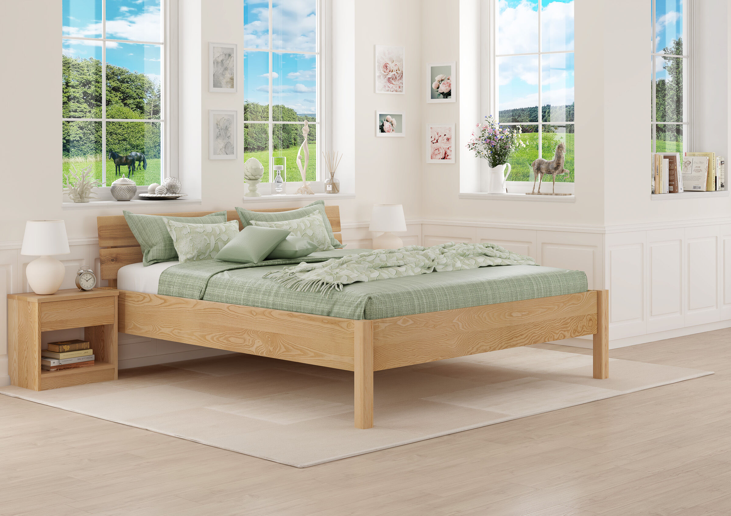 bett, Holzbett, grün, Bettwäsche, Fensterblick, Zimmerbild des Holzbettes 160x200 aus Esche