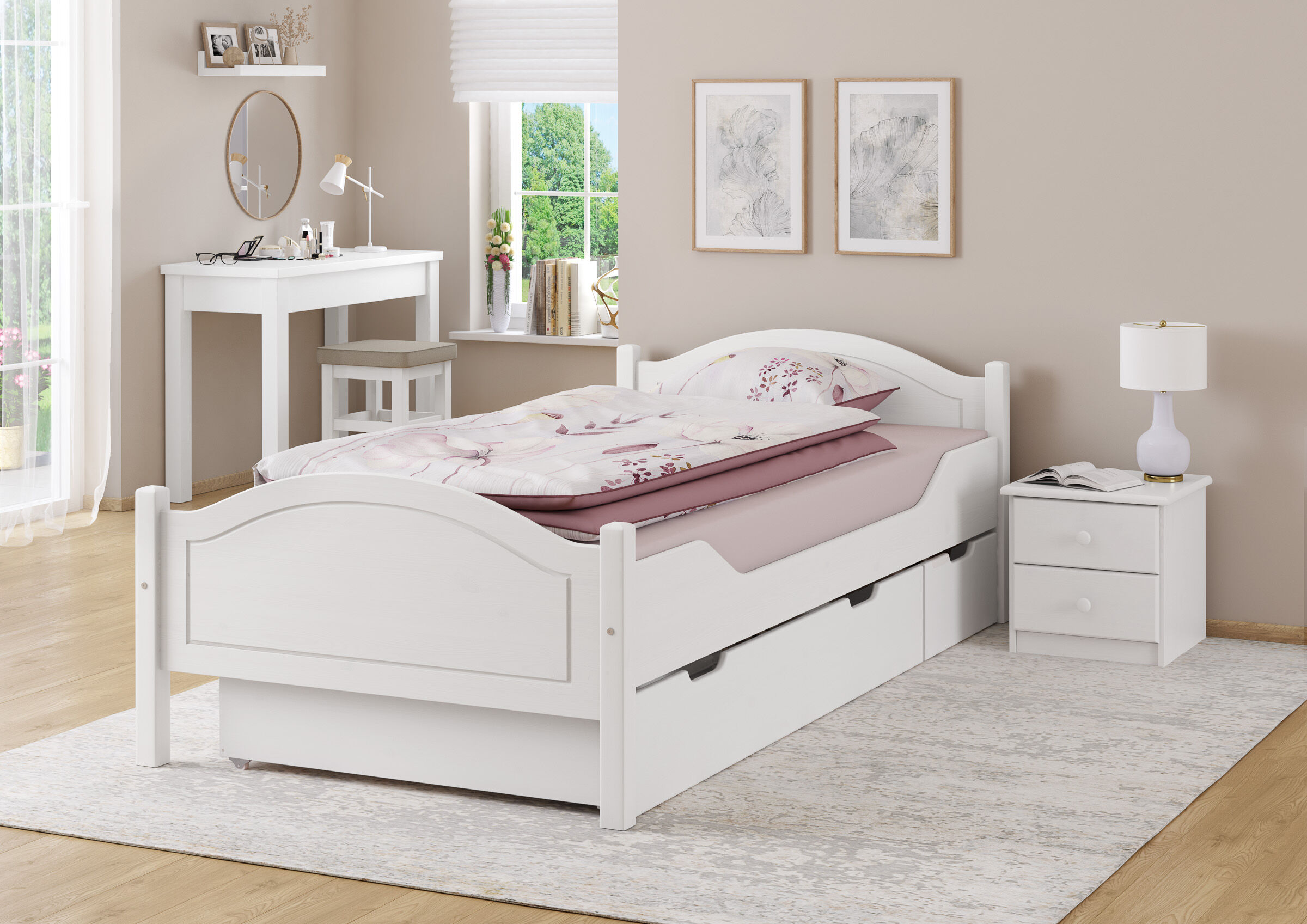 bett, bettgestell, weiße Möbel, Nachttisch, Kopfkissen, weißes Bett mit 2teiligem Bettkasten