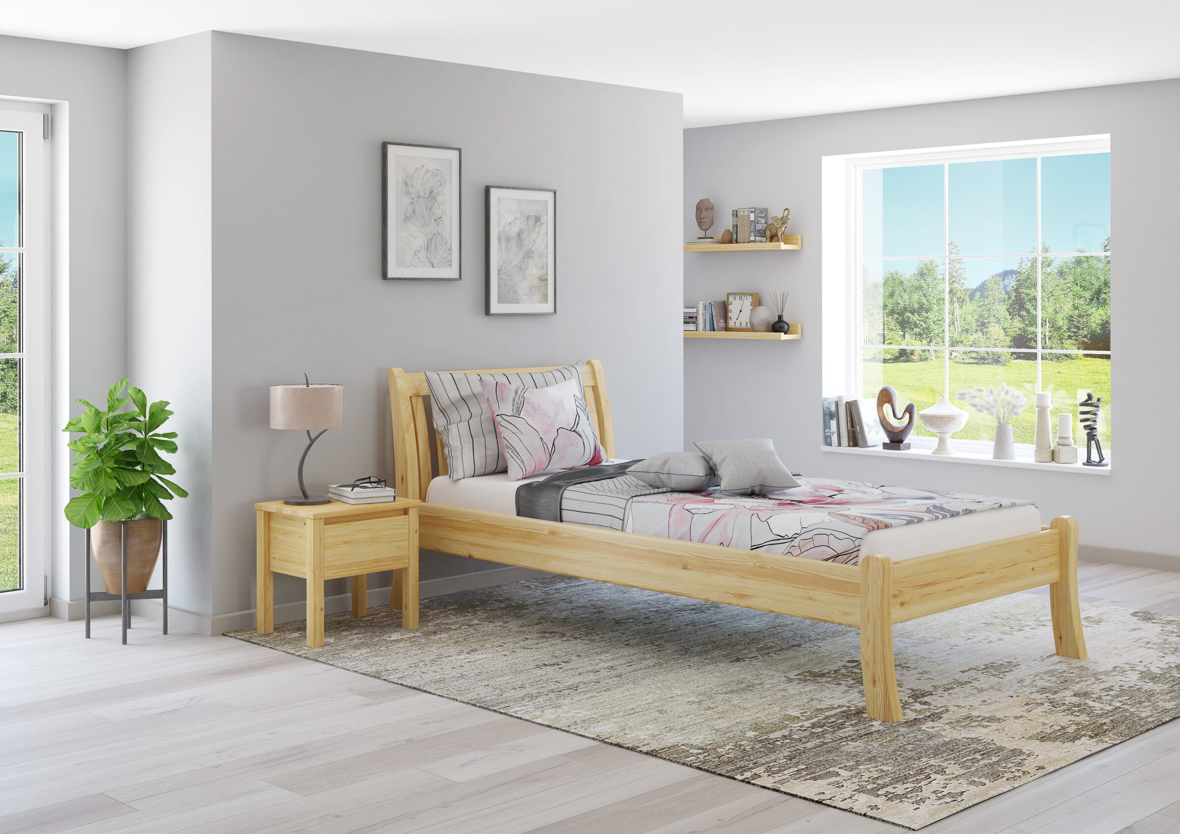 Bett, Holzbett, graueWände, FensterBlick, Pflanzen, gemütliches Gästebett 100x200