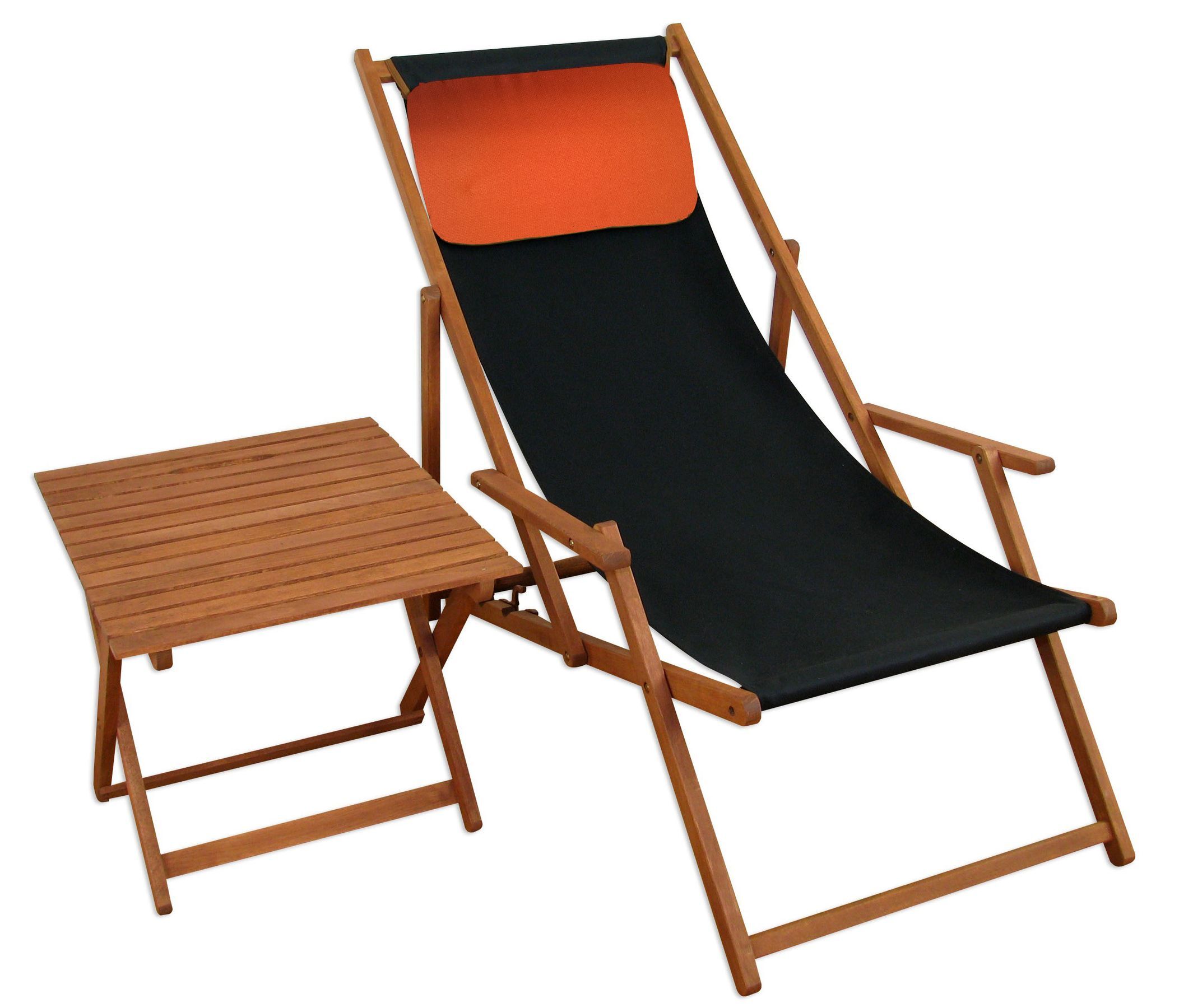 Strandkorb, Holz, Sonnenliege, Stuhl, Kopfkissen, Gartenstuhl mit Stofffarbe Schwarz und Terracotta Kissen und dunklem Tisch