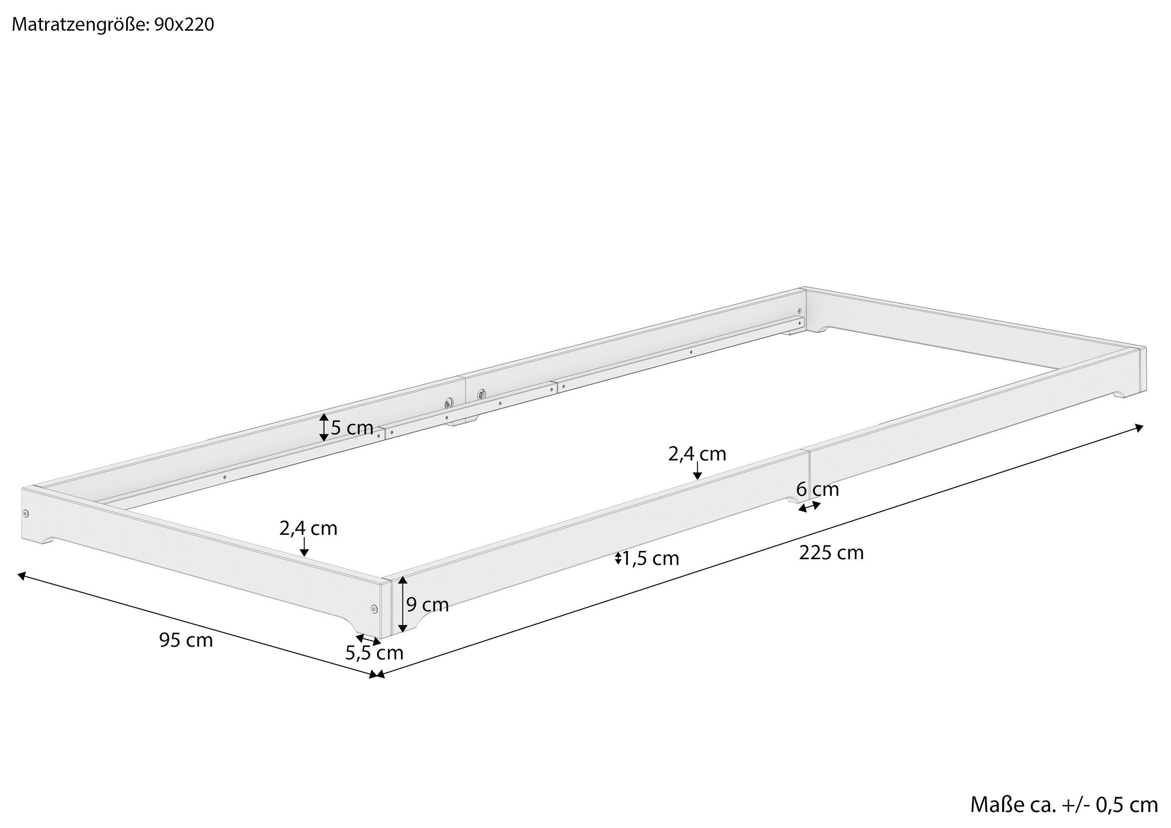 Maßskizze des Echtholzbettes 90x220 Maße des überlangen Massivholzbettes 90x220