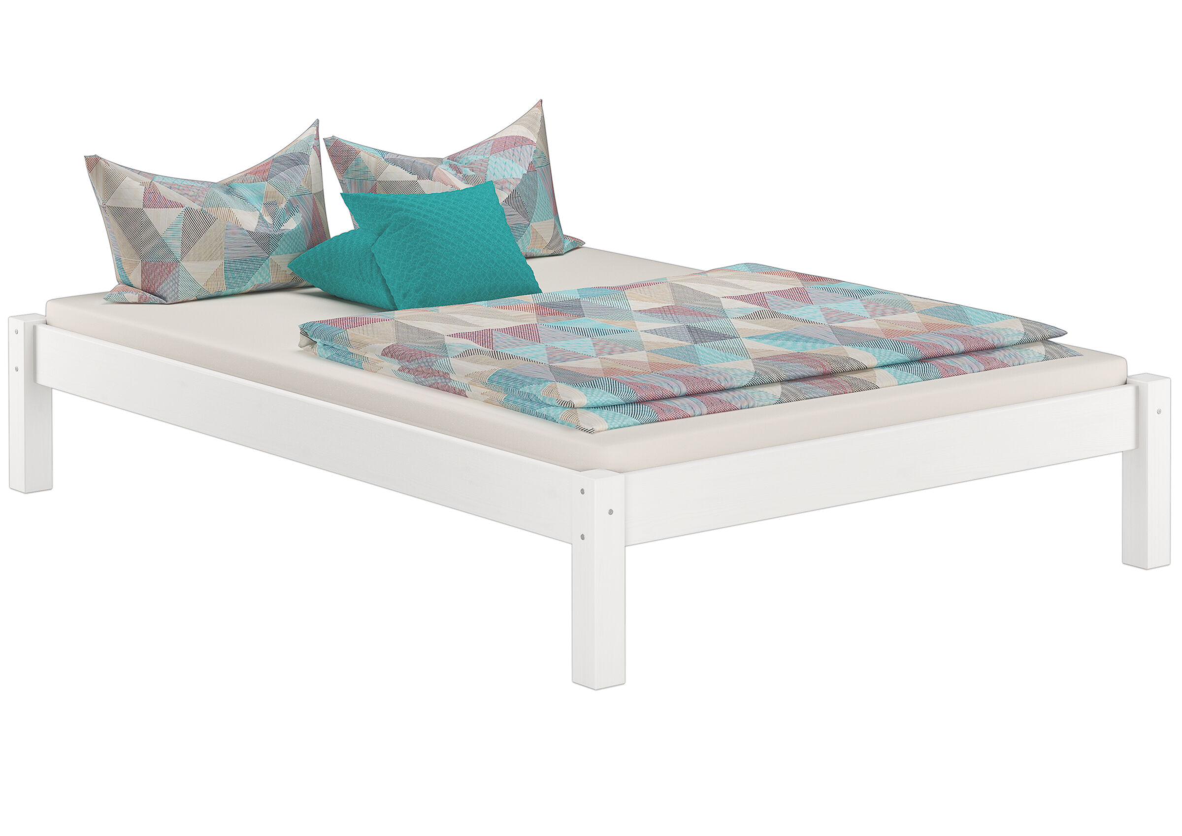 Holzbett, Weiß, Großes Bett, Geometrischer Musterversatz, Bettwäsche-Set, Ehebett Kiefer waschweiß mit Matratze