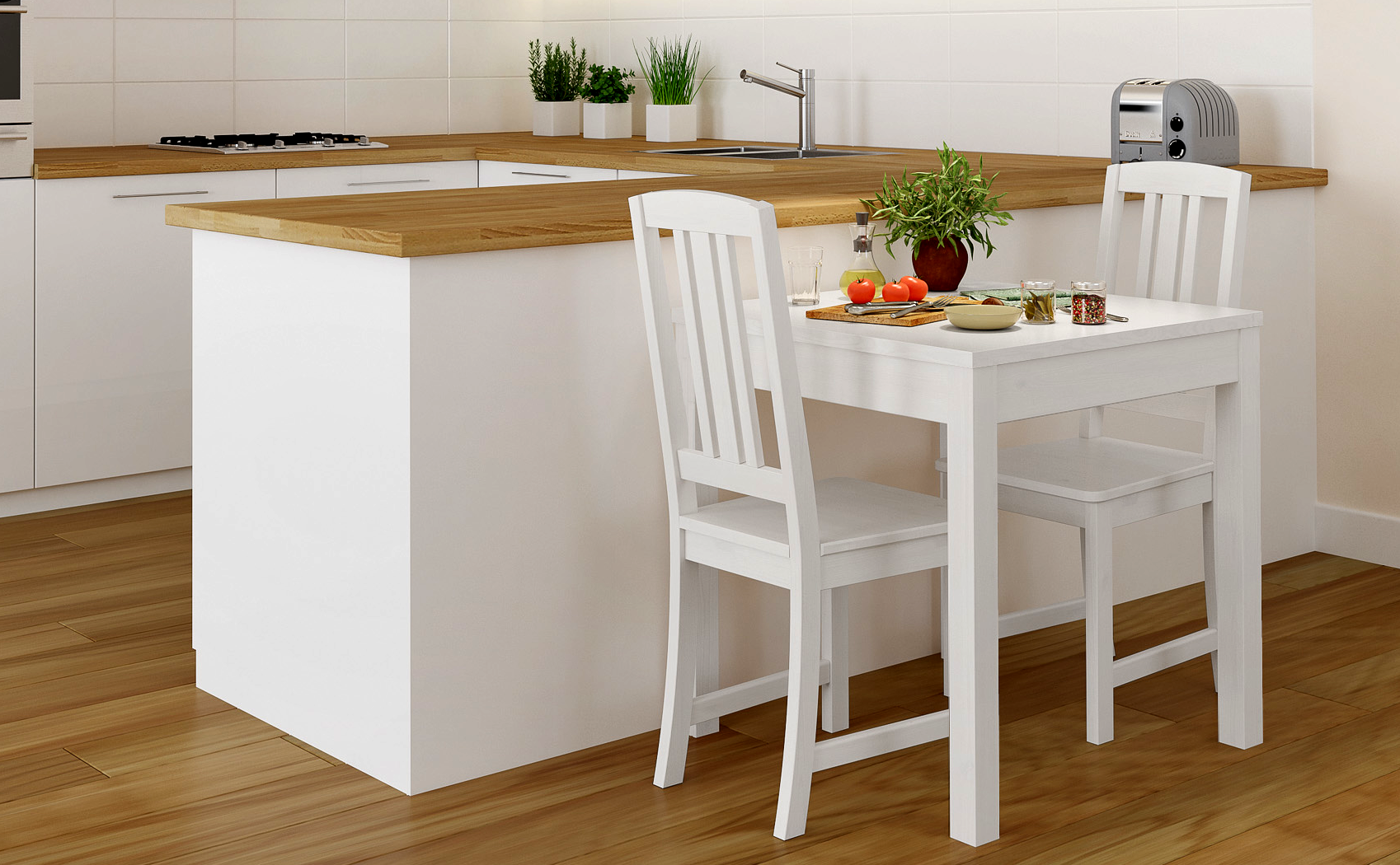 kitchen, Insel, weiß, Holz, Pflanzen,