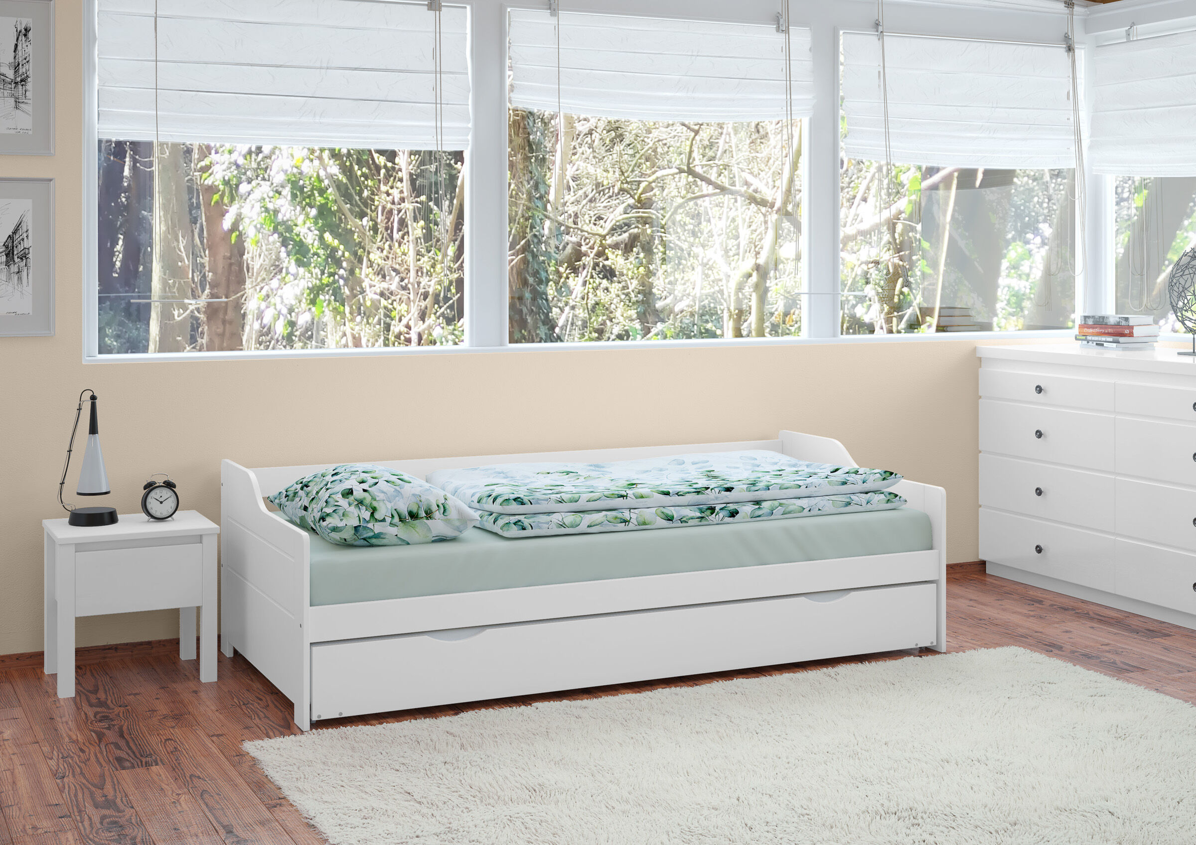 Innenarchitektur, Mobiliar, Inneneinrichtung, Bett, Teppich, Massivholzbett ausziehbar 90x200