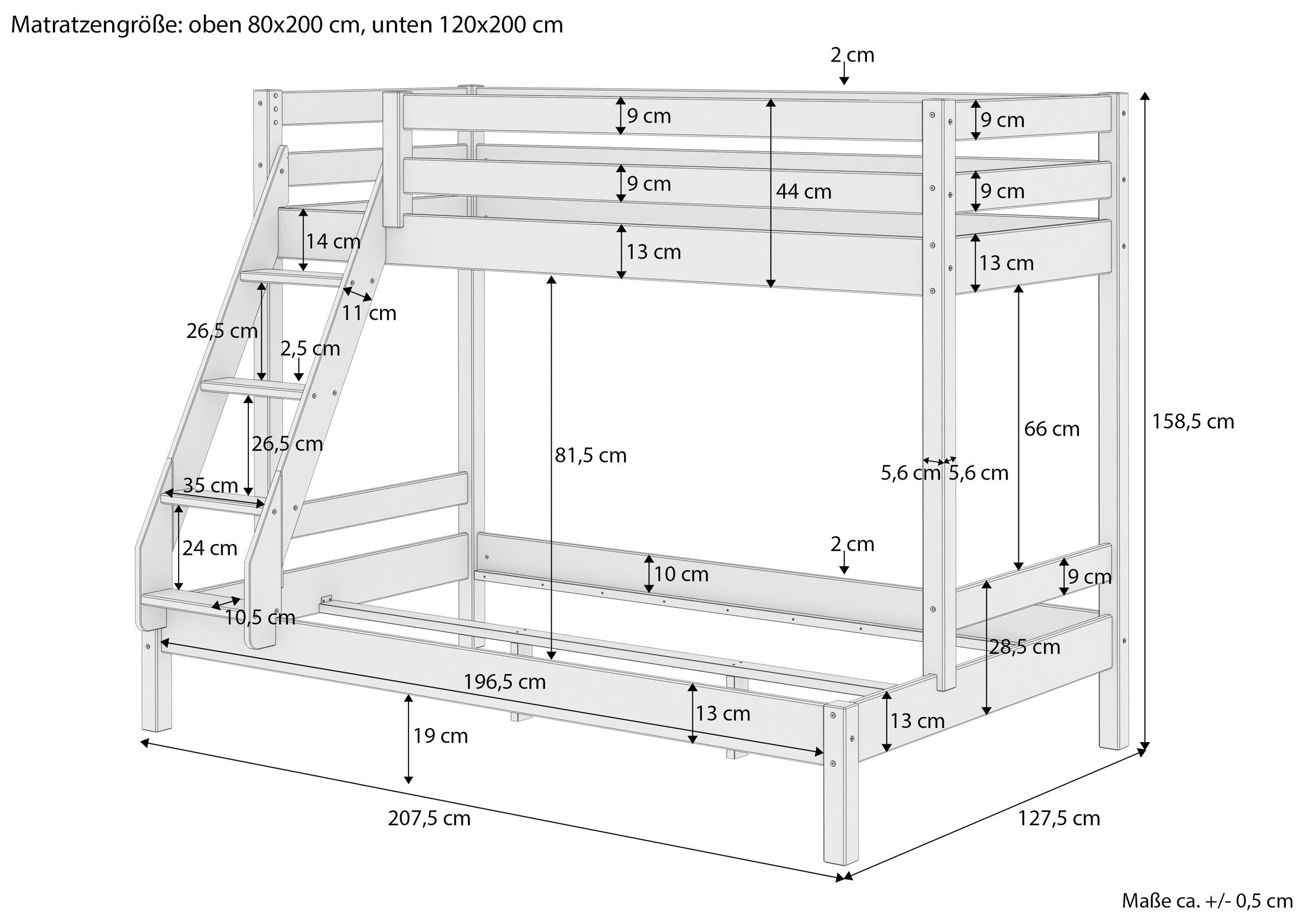 Bett, Hochbett, Mobiliar, Handlung, Krippe, Skizze mit Maße