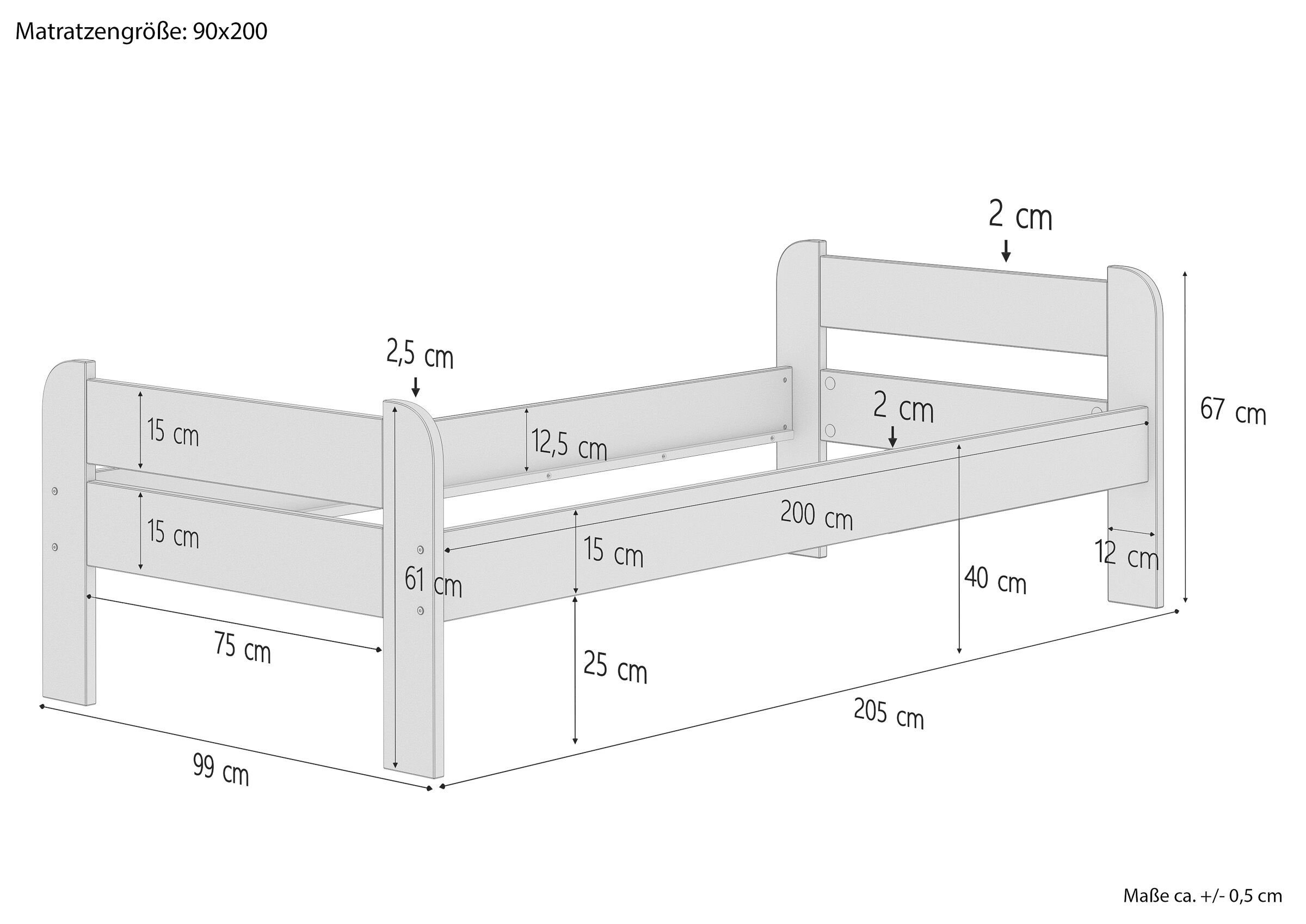 Kinderbett, Holzbett, 90x200 cm, Holzlatten?, Maße 90x200, Skizze neu