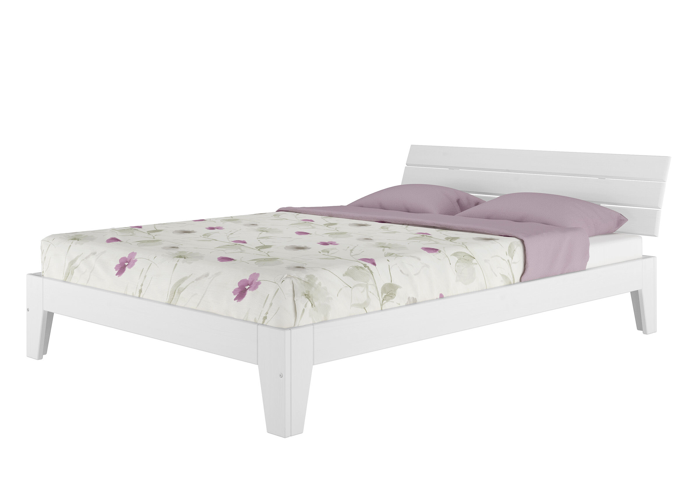 Kopfteil aus Holz, Weißes Bett, Holzbettrahmen, Blumenmuster, Bettwäsche gemustert, Überlanges Futonbett 160x220