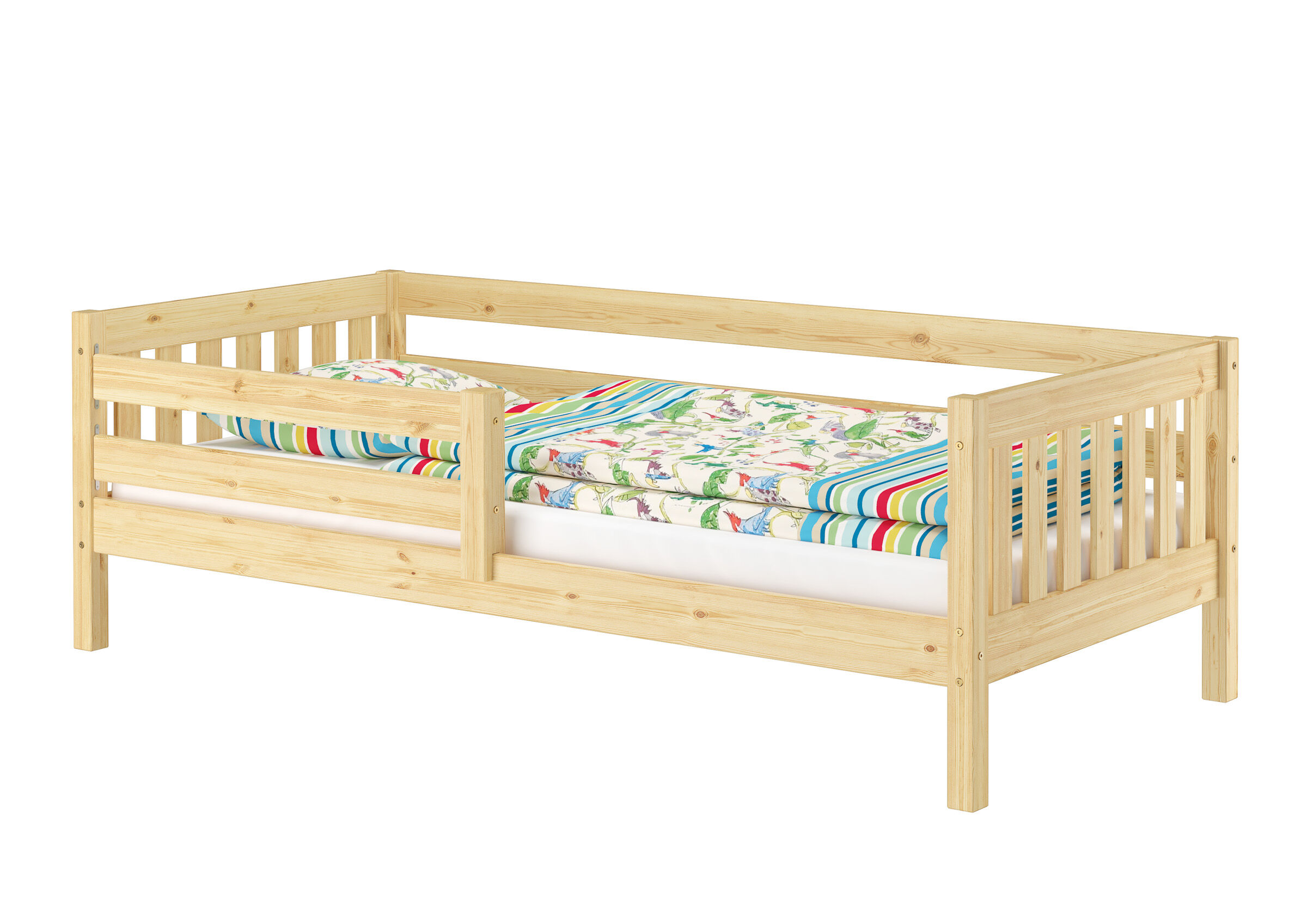 Holzbett, Kinderbett, Holzrahmen, Lattenrost, Matratzenschonbezug, Kindersicherung mit Bett