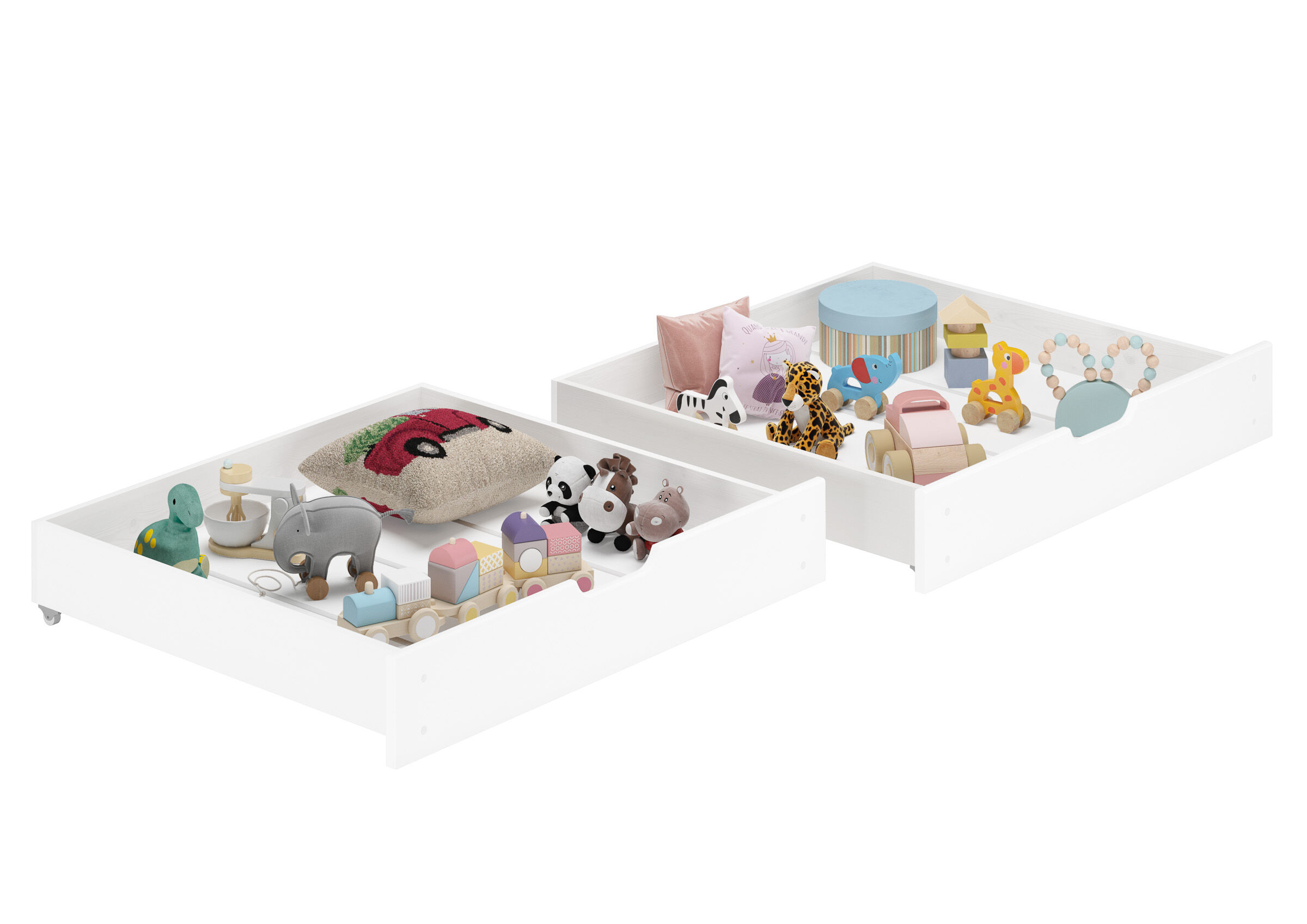 Kinderbett-Box, Spielzeug, Holzspielzeug, Kuscheltiere, Train/Auto-Spielzeug, Spielzeugkisten weiß