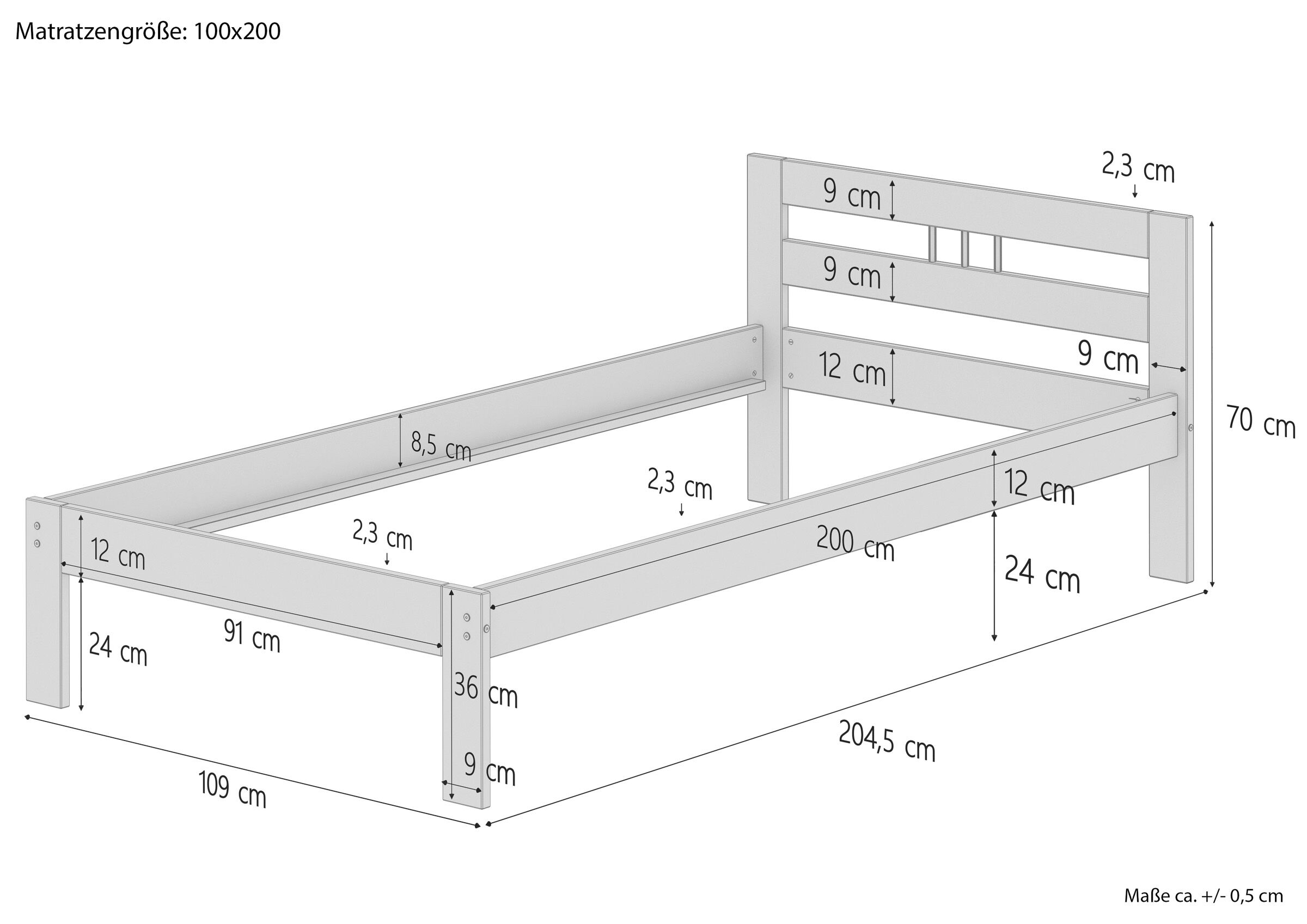 Etagenbett, Babybett, Holzbett, Bettgestell, Rahmenhöhe 70 cm, Skizze mit Maße Einzelbett