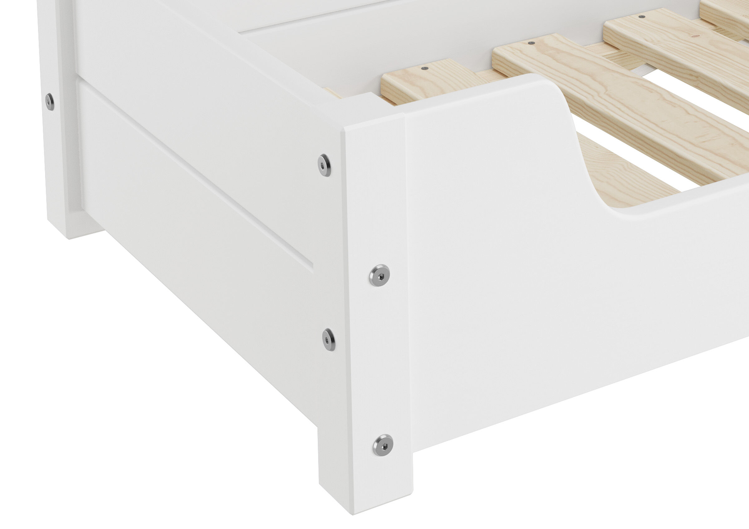 Holzbettrahmen, Holzbett, Weiße Farbe, Holzlatten, Lattenrost, Seitenansicht Hundesofa XXL