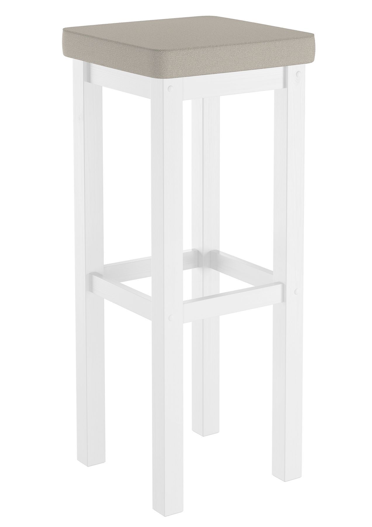 Barhocker, Holzstuhl, weißer Rahmen, Stuhlsitz, Beige Sitzkissen, gepolsterter-Barhocker-80cm-taupe