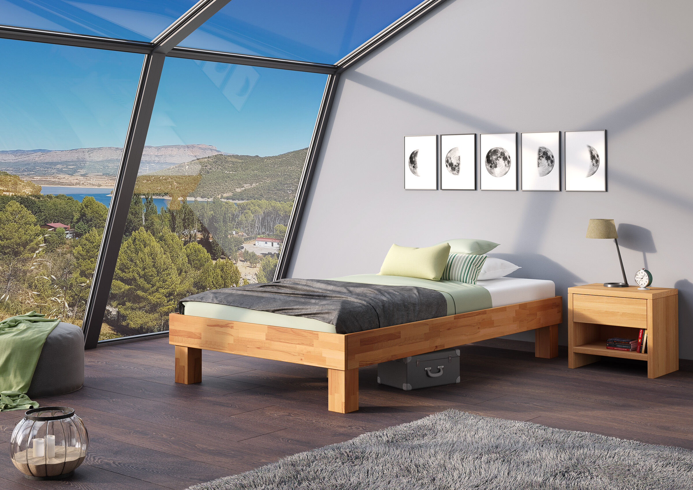 Schlafzimmer, Bett, Holzbett, Vorhänge, Wanddeko,