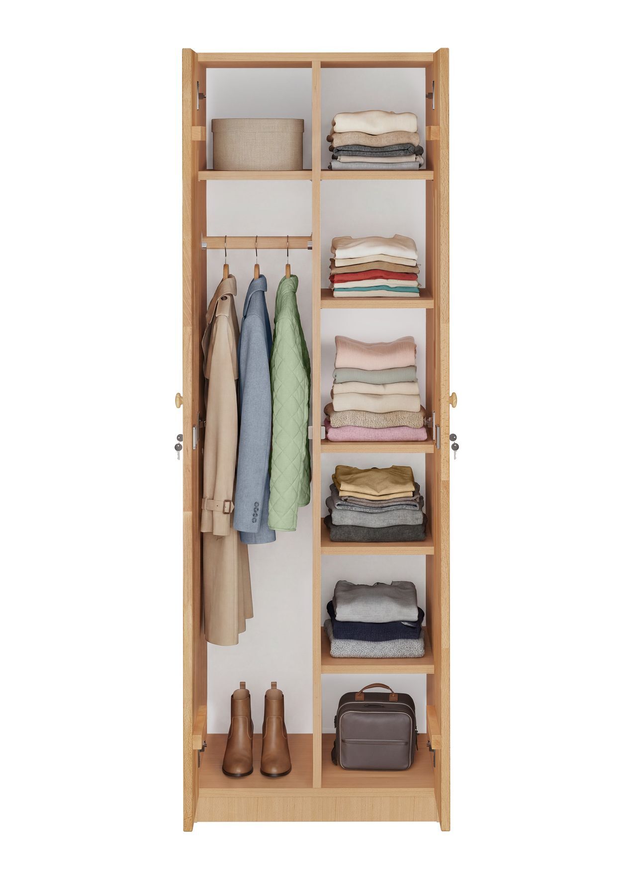 Kleiderschrank, Garderobe, Holzschrank, Hängerordnung, Kleidung, Schrank mit Kleidung