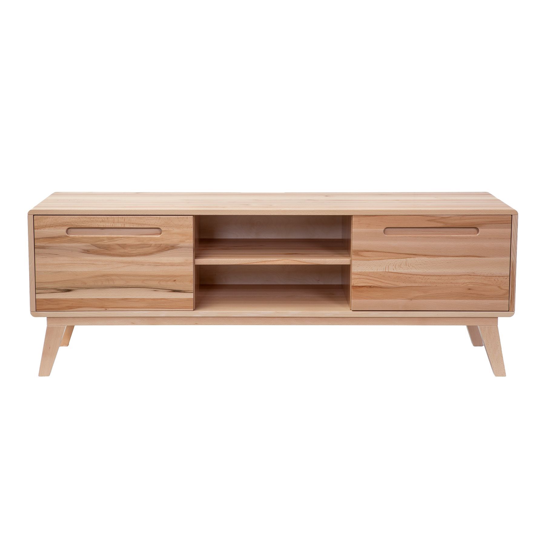 Holz-TV-Lowboard, Massivholz, Schubladen, Regalöffnung, TV-Kommode, Fernsehschrank aus Rotbuche