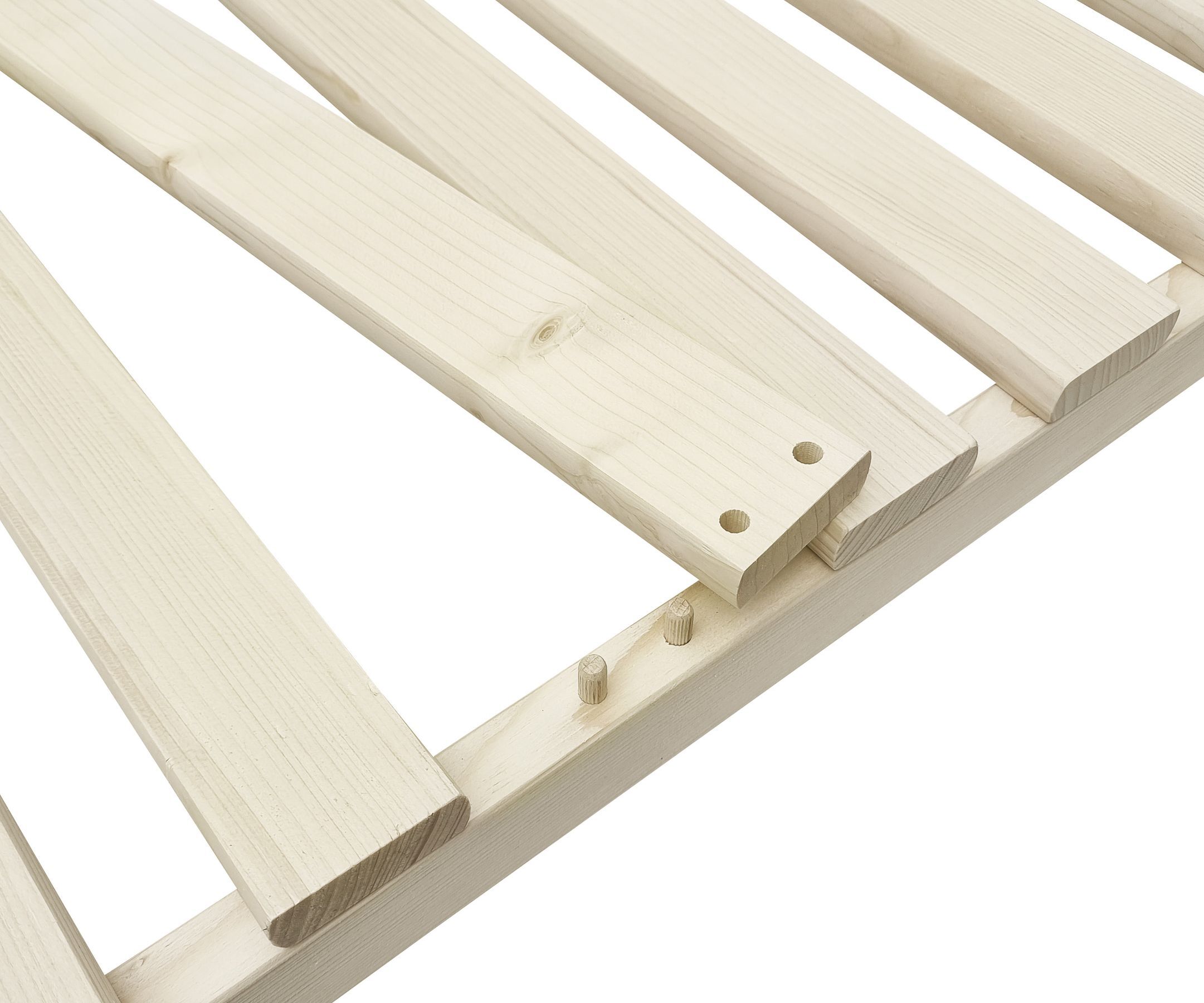 Holzlatten, Holzbettgestell, Bretter, Holzrahmen, Naturholz, Detailbild des Stecksystem des Rostes