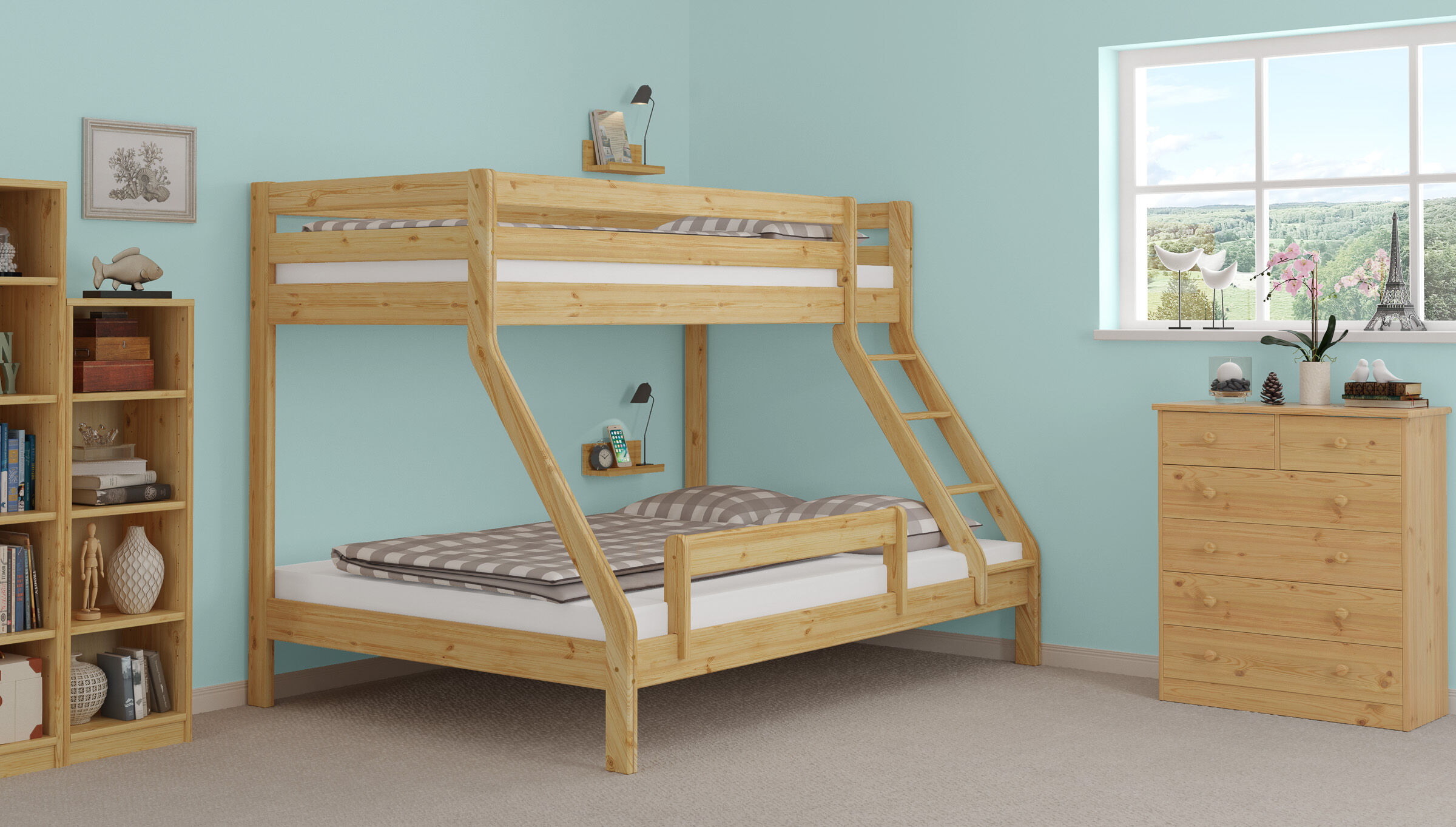 Etagenbett, Holz Etagenbett, Kinderzimmer, helles Holz, Leiterbett, Rausfallschutz