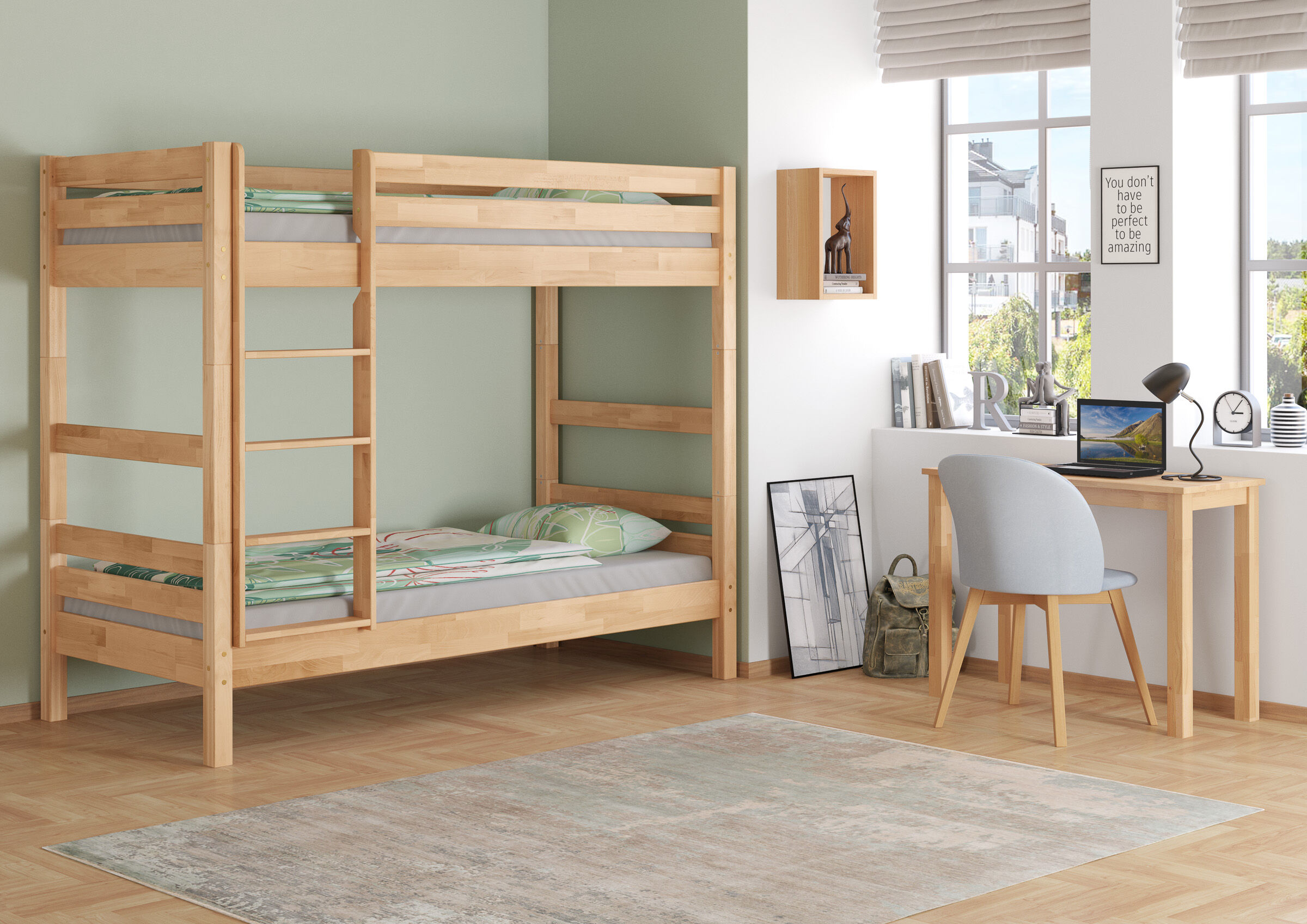 hochbett, holz, grün, arbeitsplatz, zimmer Einrichtung, Massives Etagenbett 90x200 cm teilbar