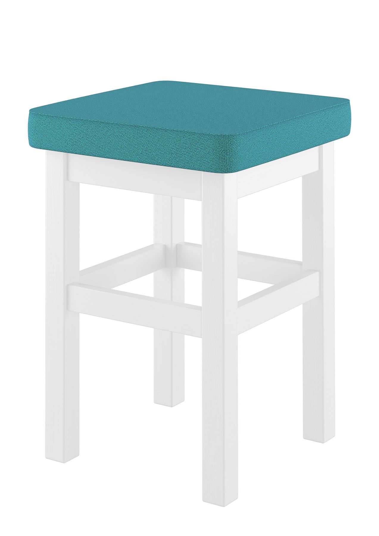 Hocker, Sitzbank, weiße Beine, blaues Sitzkissen, Holzstuhl, türkis