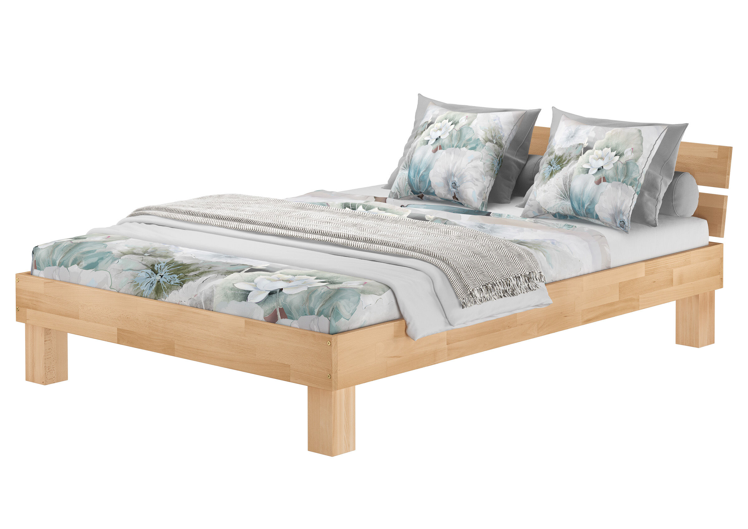 holzbett, bettgestell, naturholz, bett mit pflanzenmuster, pflanzenmuster bett, Massives Buchenholzbett 160x200