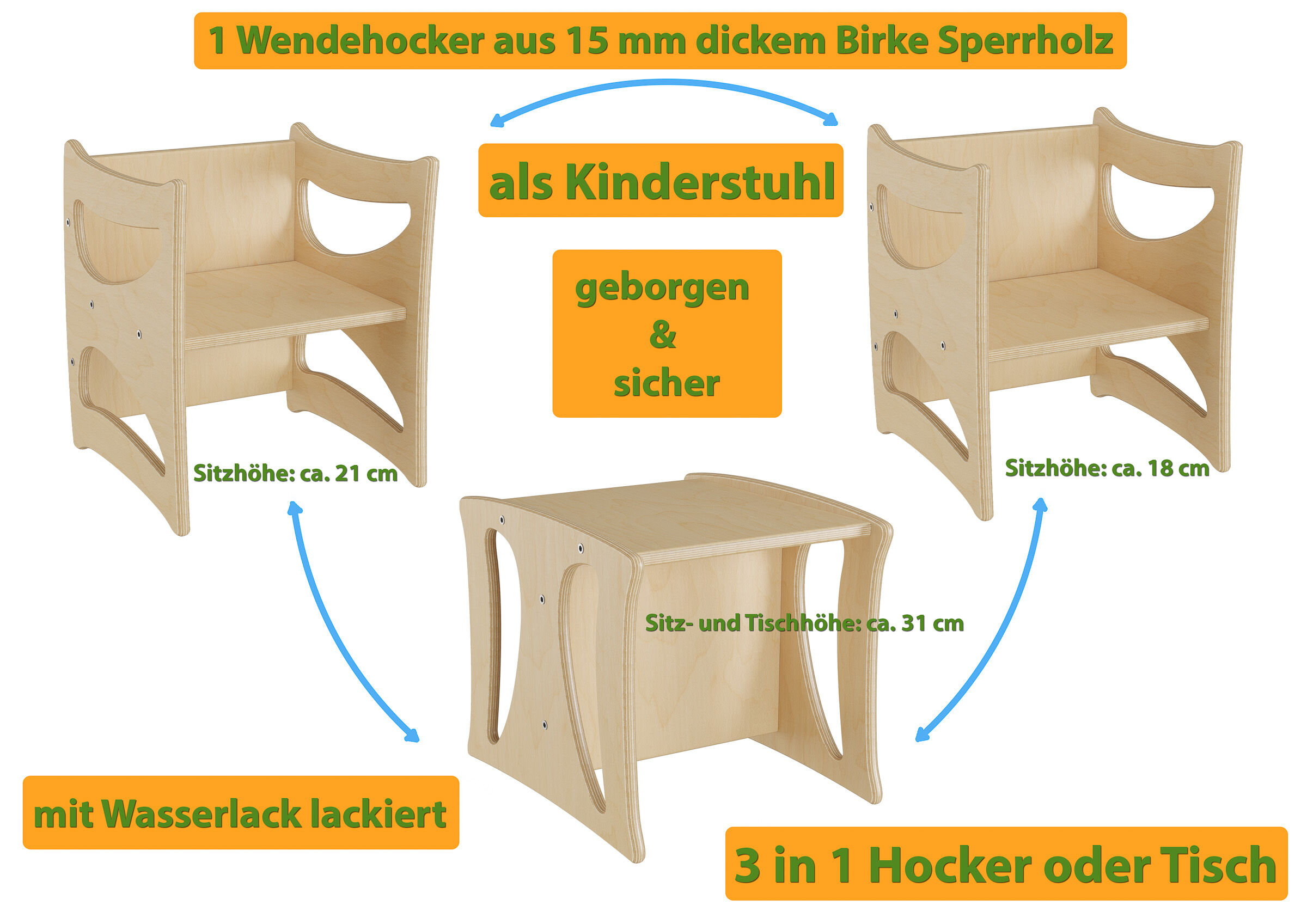 Kindersitz, Hocker, Holz, 15 mm Birke Sperrholz, Wasserlackiert, Kindermöbel Echtholz