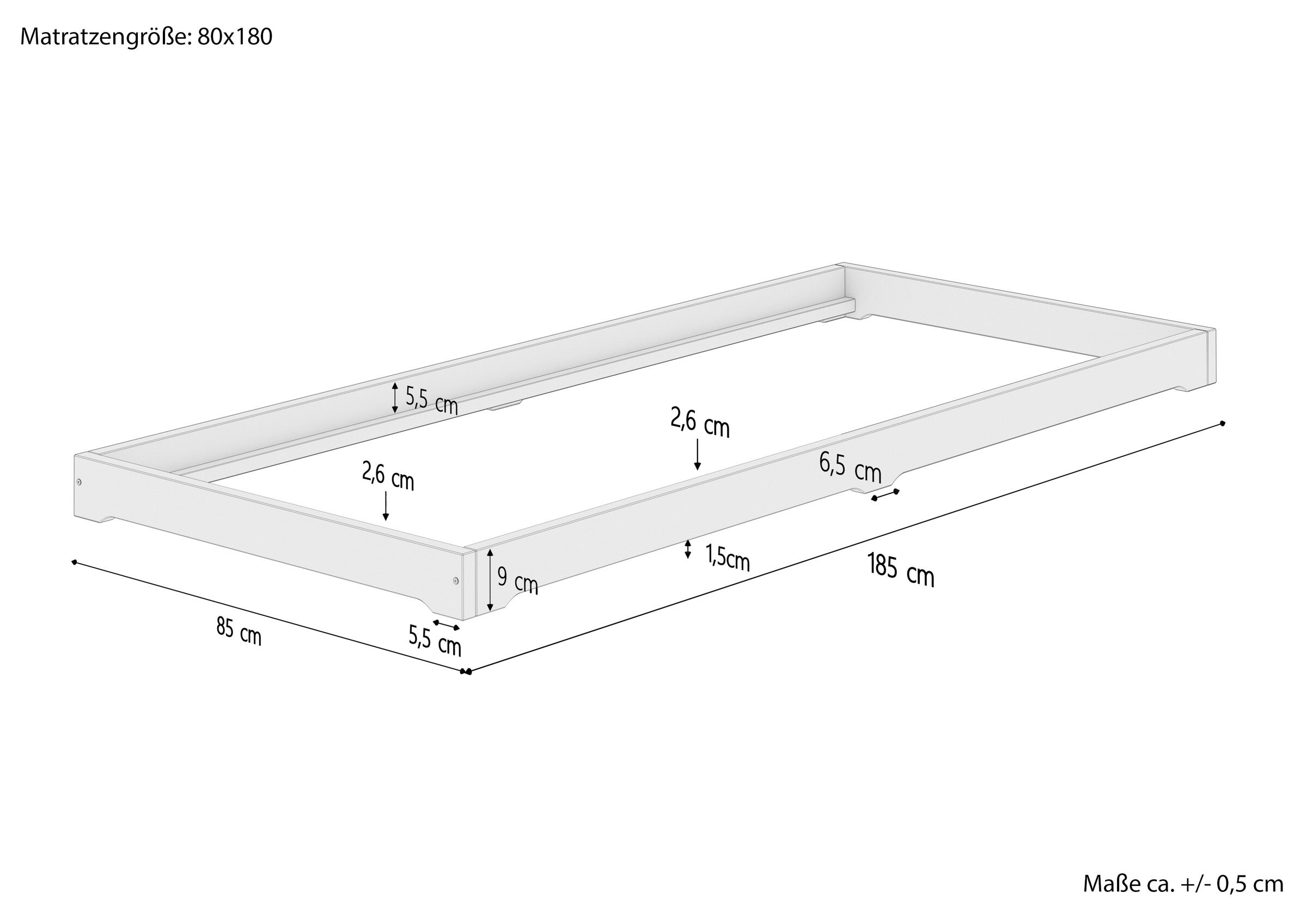 Skizze mit Maße Kinderbett niedriges, kleines Einzelbett Futon 80x180 Esche geölt V-60.47E-08-180