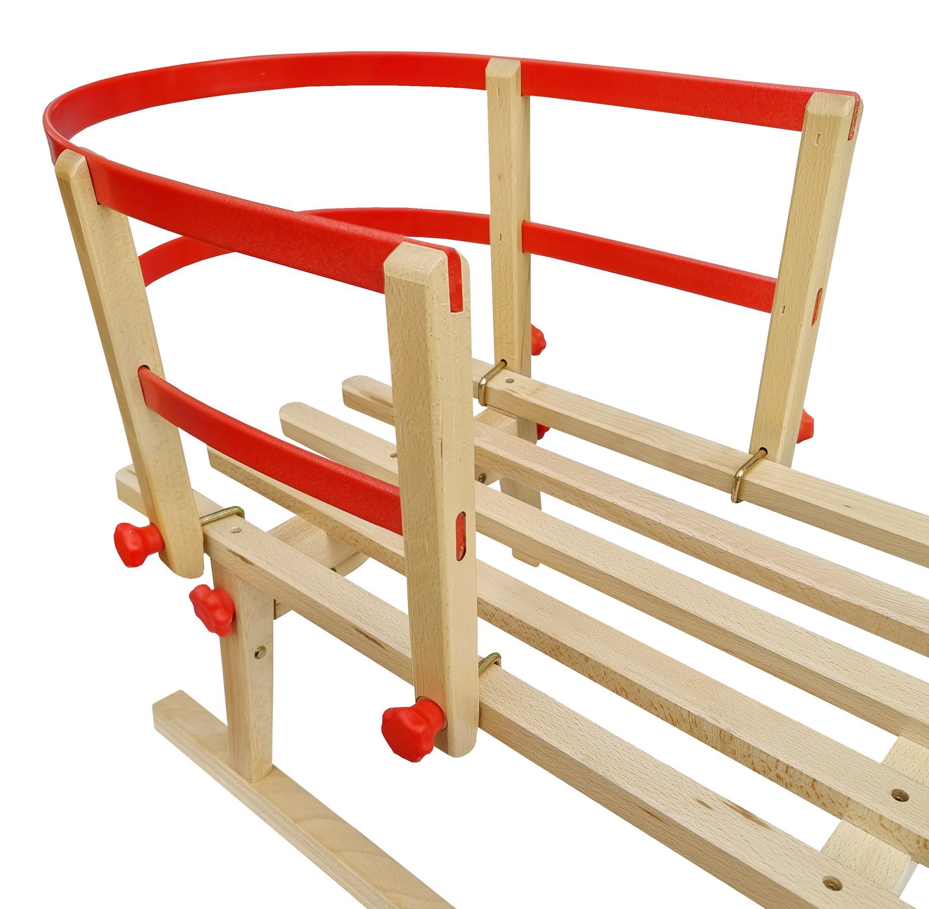 Holzschlitten, Schlittenbahn, Holzrahmen, Roter Akzent, Klemmstangen, Kinderlehne für Holzschlitten