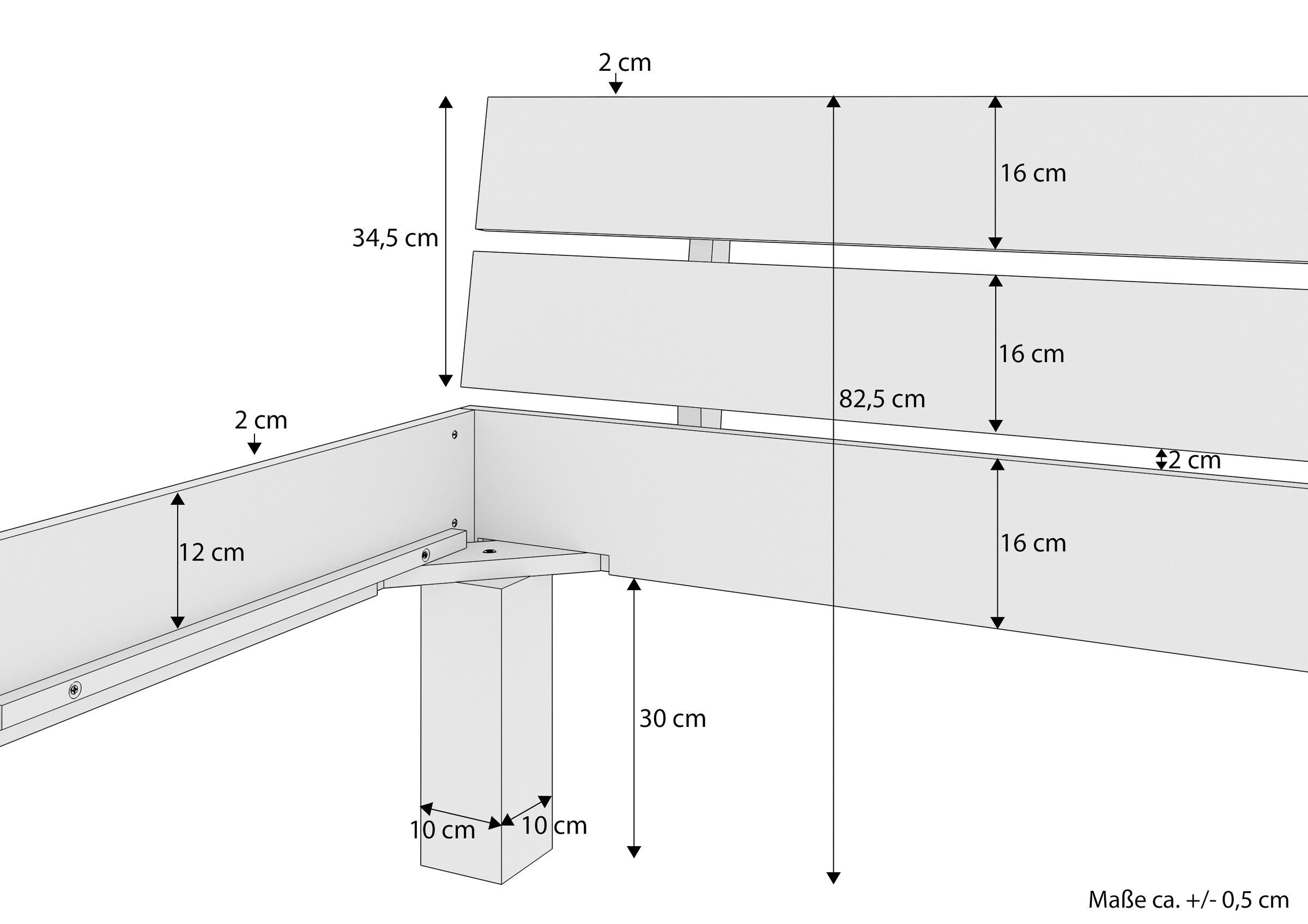 gestell, türenverkleidung, maße, holzoptik, kantenprofil, Hohe Variante des Massivholzbettes 200x200 mit Maßangaben