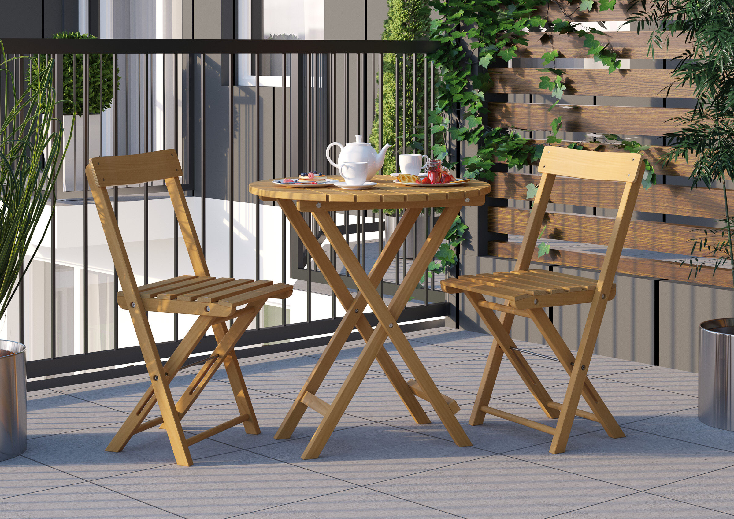 outdoor Tabelle, Holztisch, Klappsessel, Teeservice, Balkon Dekoration, Balkontischset mit Klapptisch und 2 Stuhle