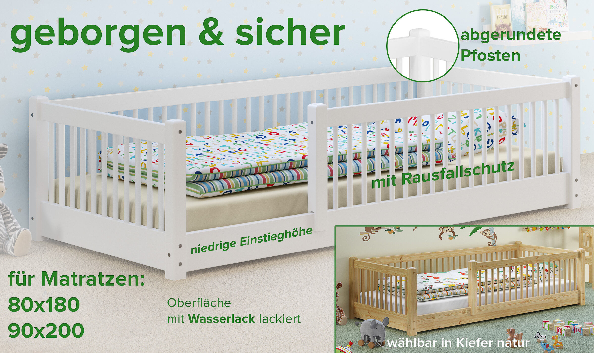 Kinderbett, Babybett, Matratzenschutz, Wasserlack, Rausfallschutz, Kinderbett mit Rausfallschutz