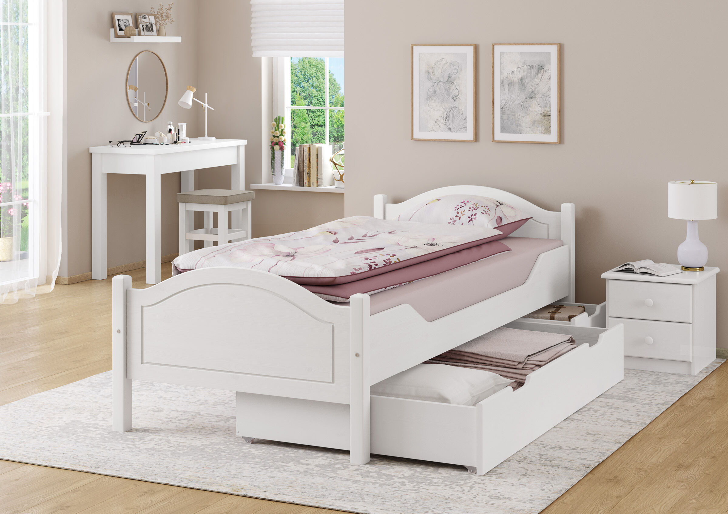 Schlafzimmer, Kinderzimmer, Weißes Bett, Bettrahmen, Schubladenbett, Echtholzbett Kiefer massiv weiß mit extra Stauraum