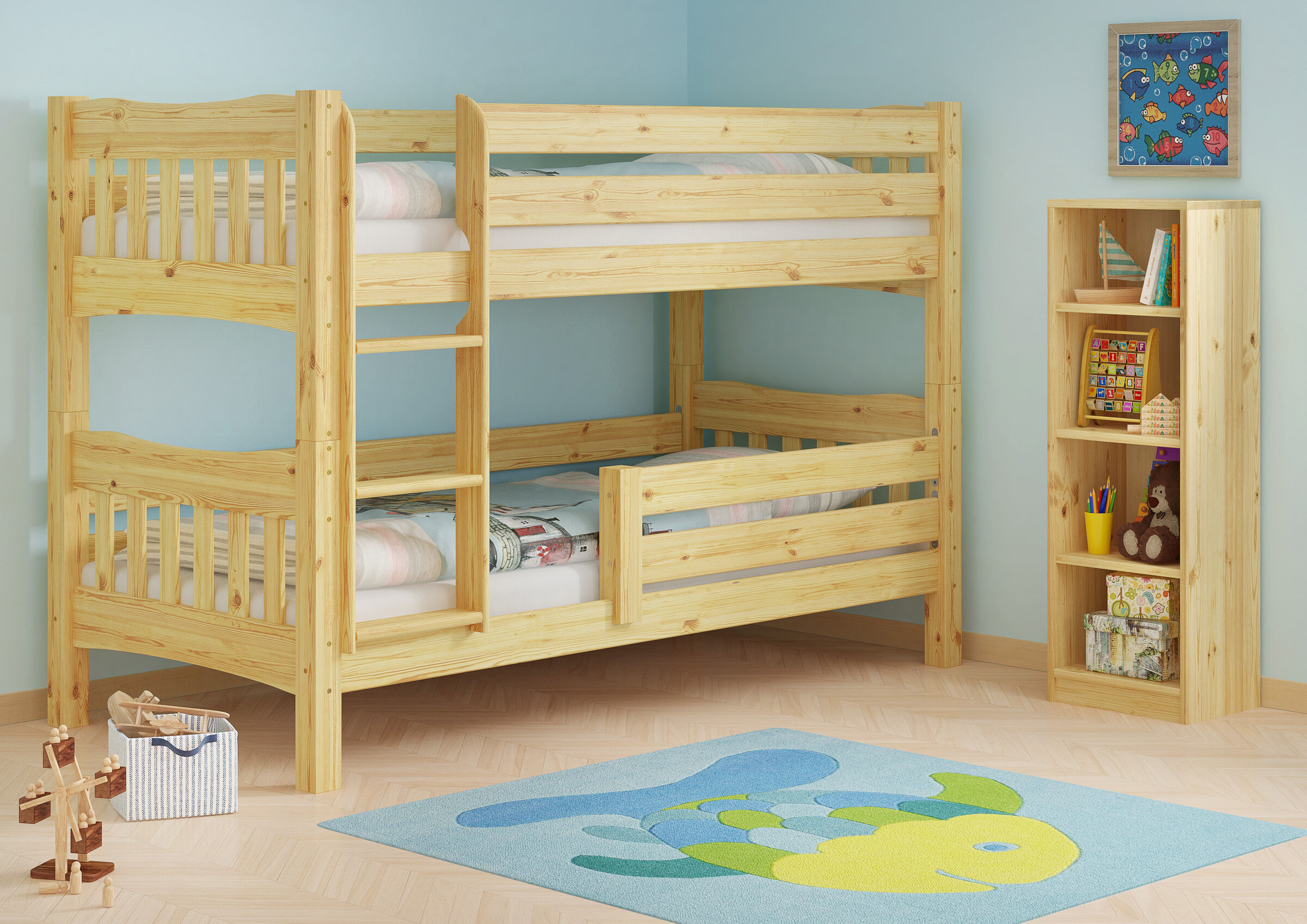 Etagenbett, Holzrahmen, Leiter, Kinderzimmer, Regal, Stockbett mit Kisi