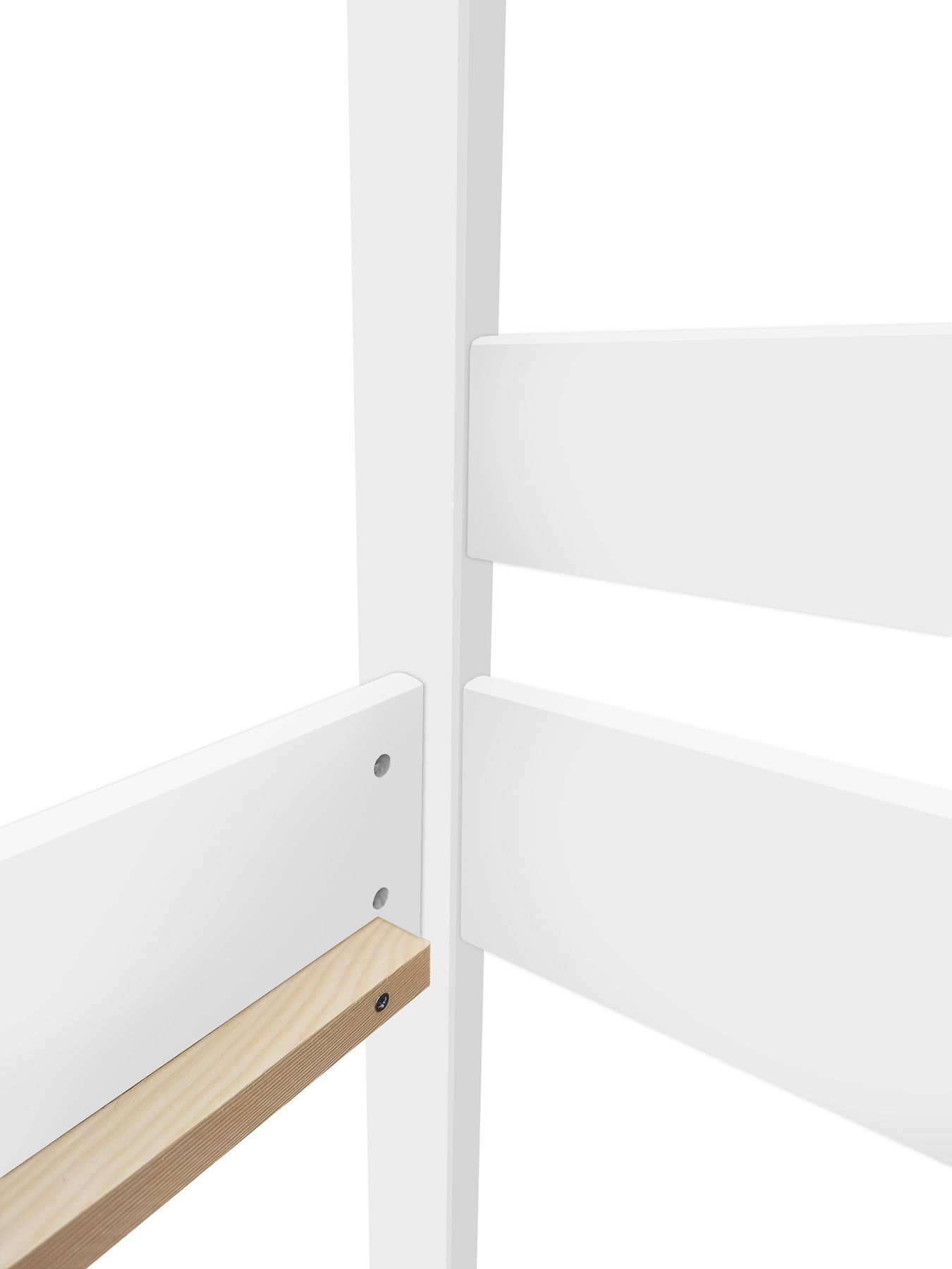 Holzbrett, Holzverkleidung, Weißes Regal, Massivholz, Holzstuhl, Detailbild Kinderbett mit Dach