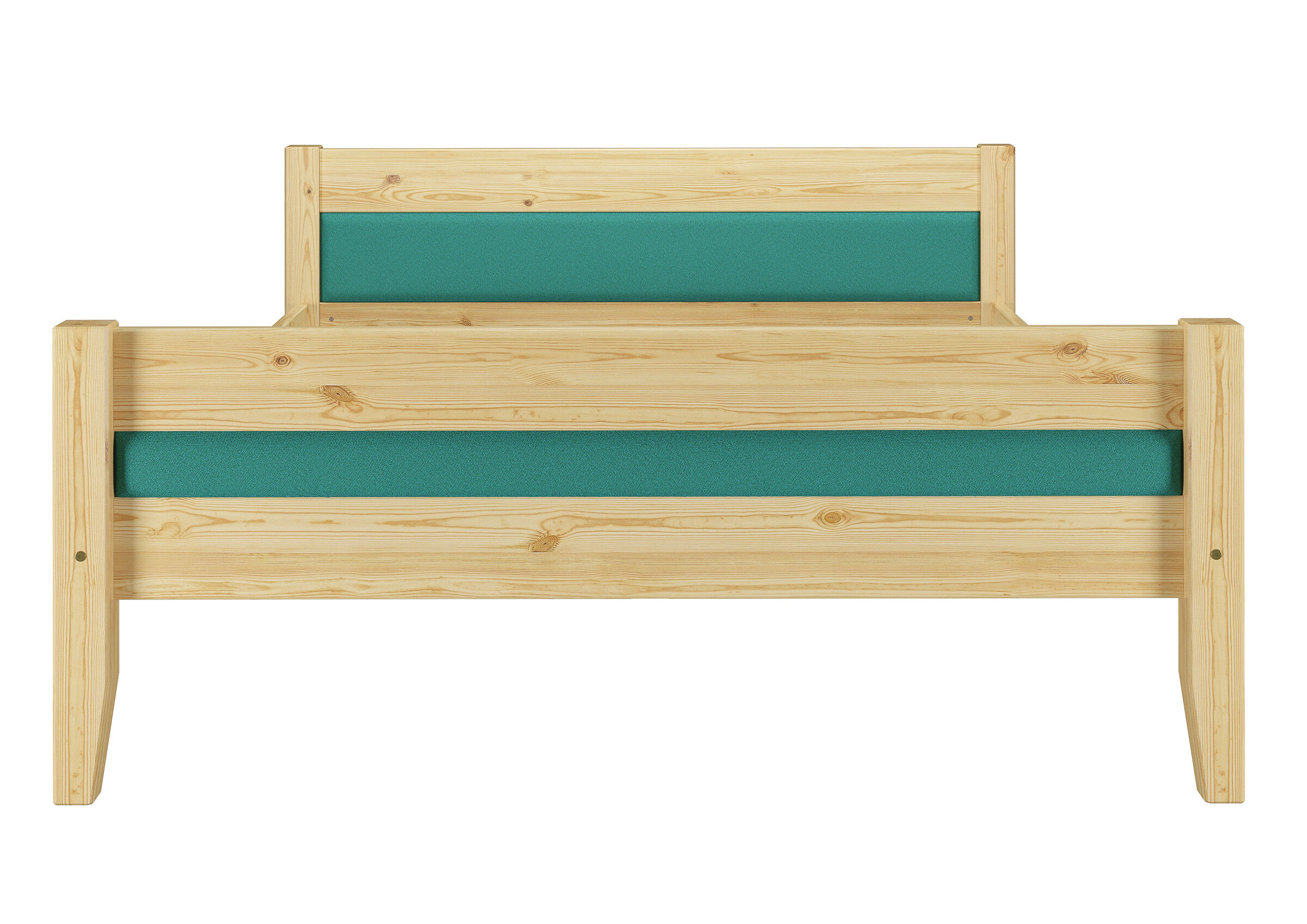 Holzbett, Kinderbett, Kopfteil grün, Grünes Matratzenband, Naturholz, Futonbett Kiefer natur Stoff türkis