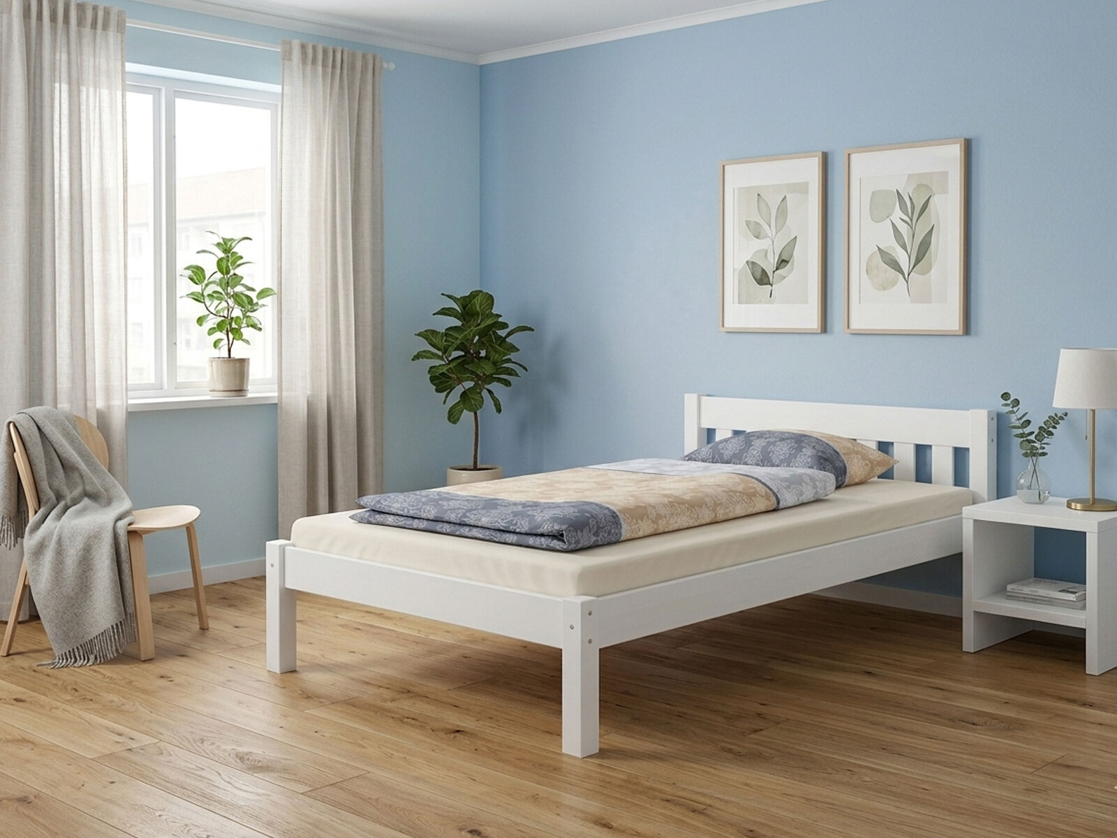 bett, holzboden, blau wand, bettgestell, pflanzen, blaues Schlafzimmer weißes Holzbett