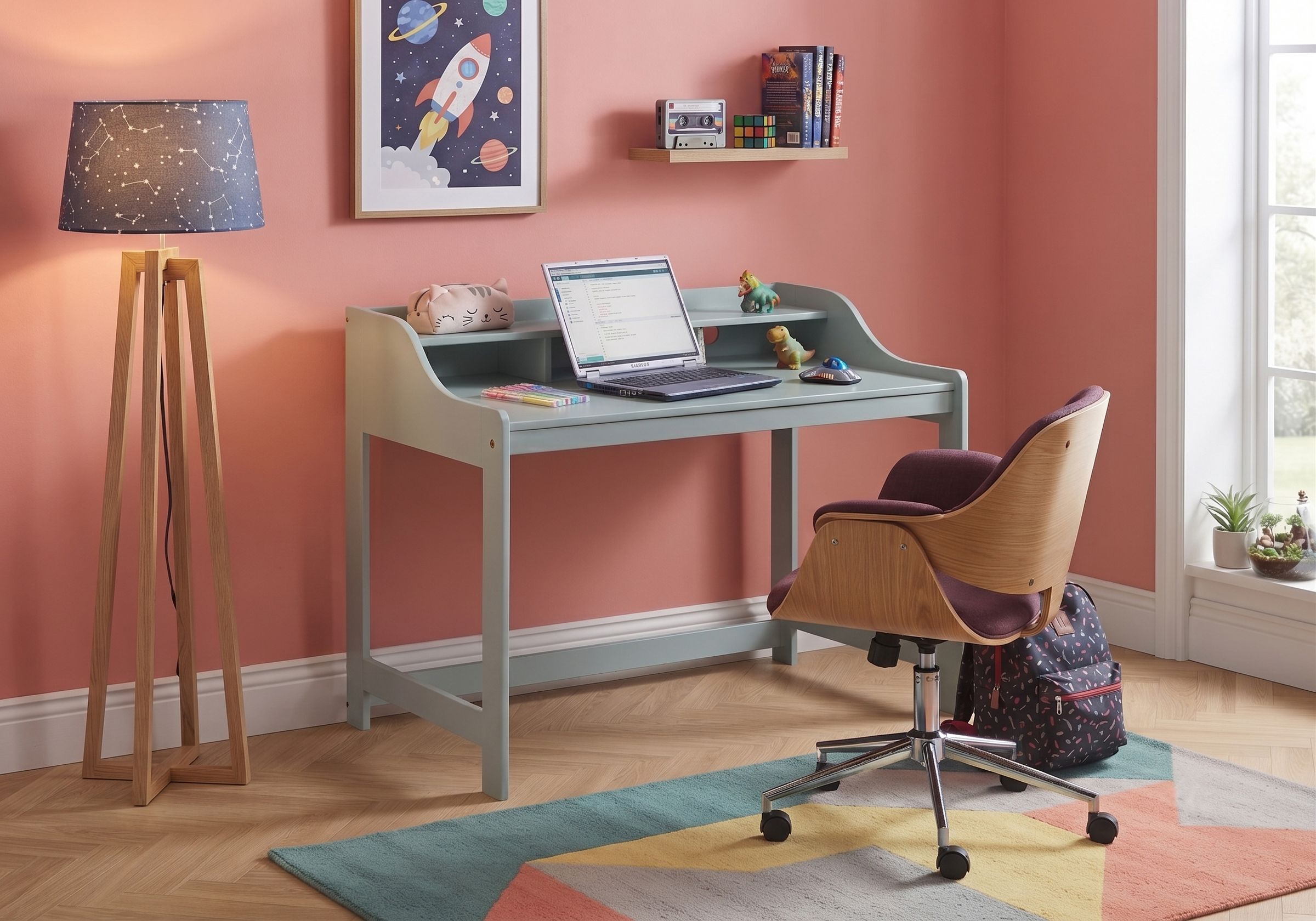 Kinderzimmer, Schreibtisch, Laptop, Bürostuhl, Rosa Wand,