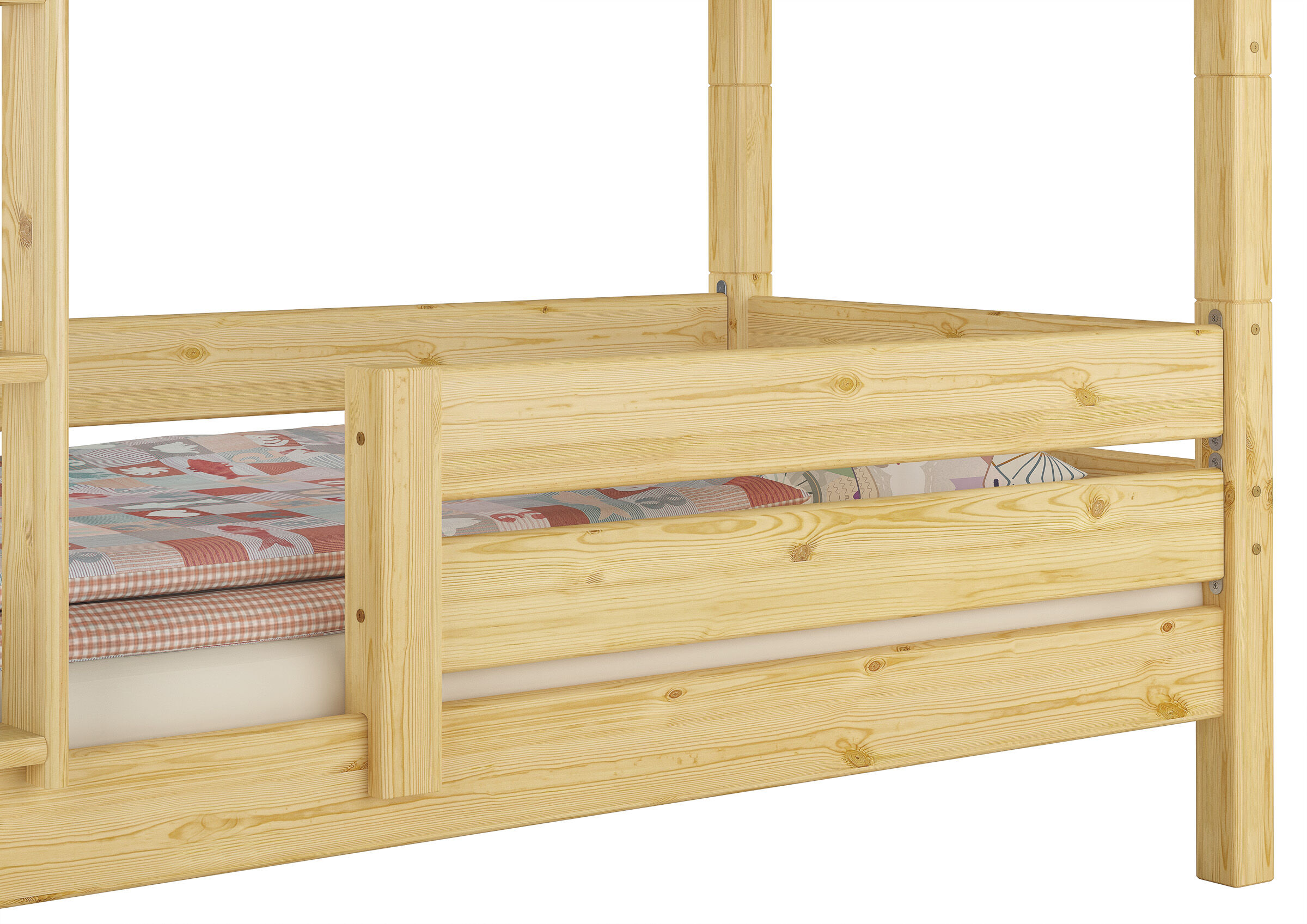 Holzbett, Etagenbett, Kiefernholz, Lattenrost, Matratze, Praktisches Rausfallschutz aus Kiefer