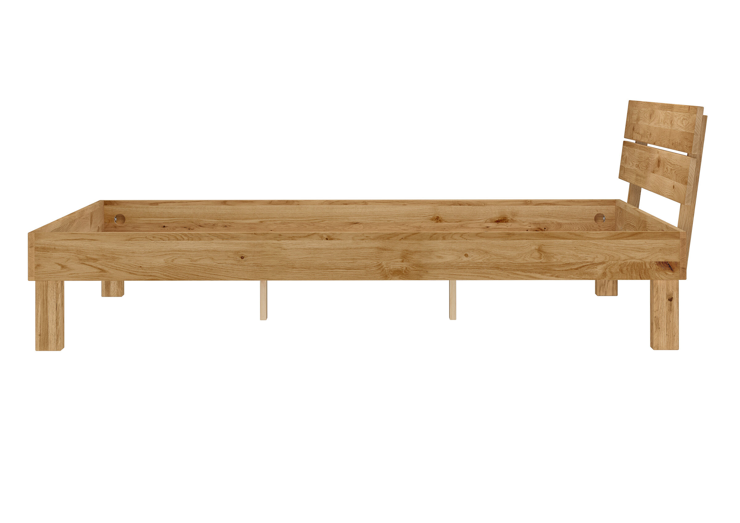 Holzbett, Holzlattenbett, Massivholz, Kopfteil, Holzfarbe Natur, Bettrahmen 120x200 mit Kopflehne aus der Seite