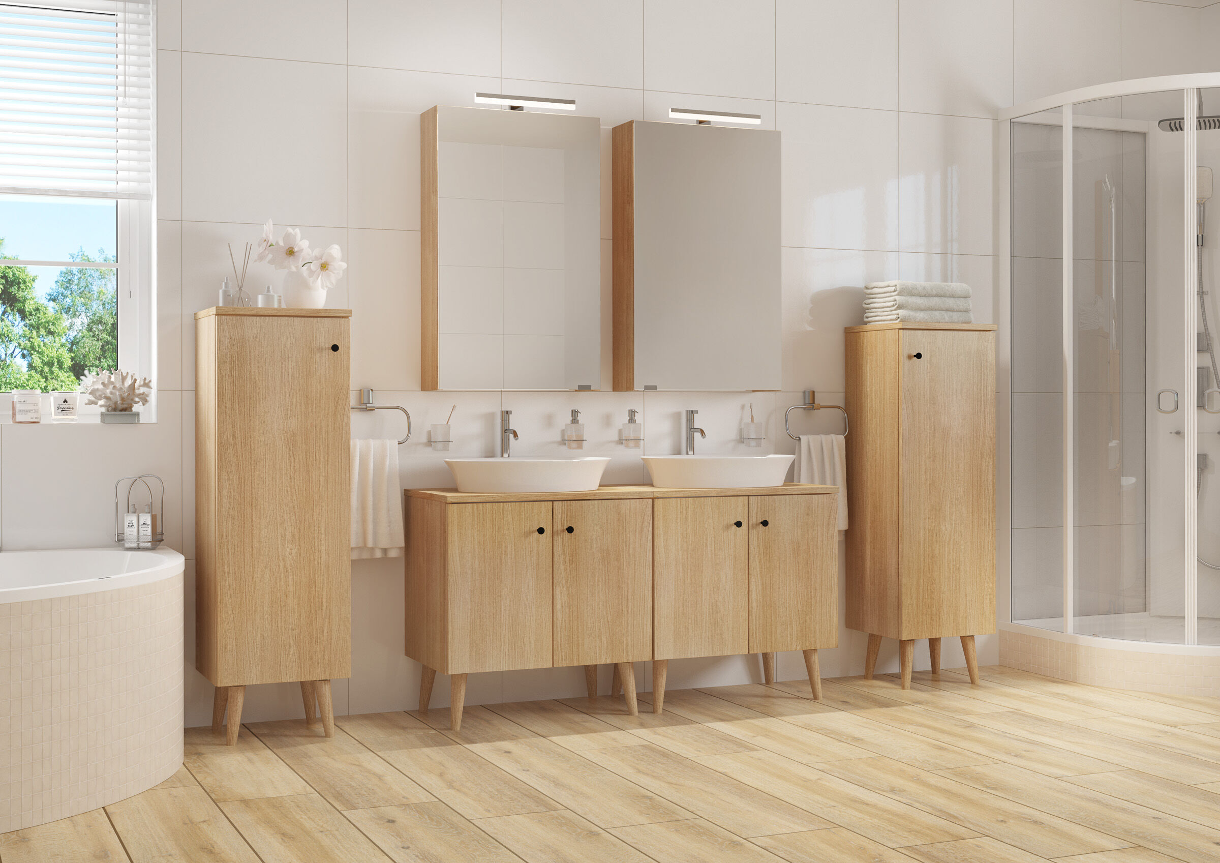 Badezimmer, Waschtisch, Doppelwaschbecken, Holzmöbel, Schrank, 6-teiliges Set mit Füßen als Beispiel