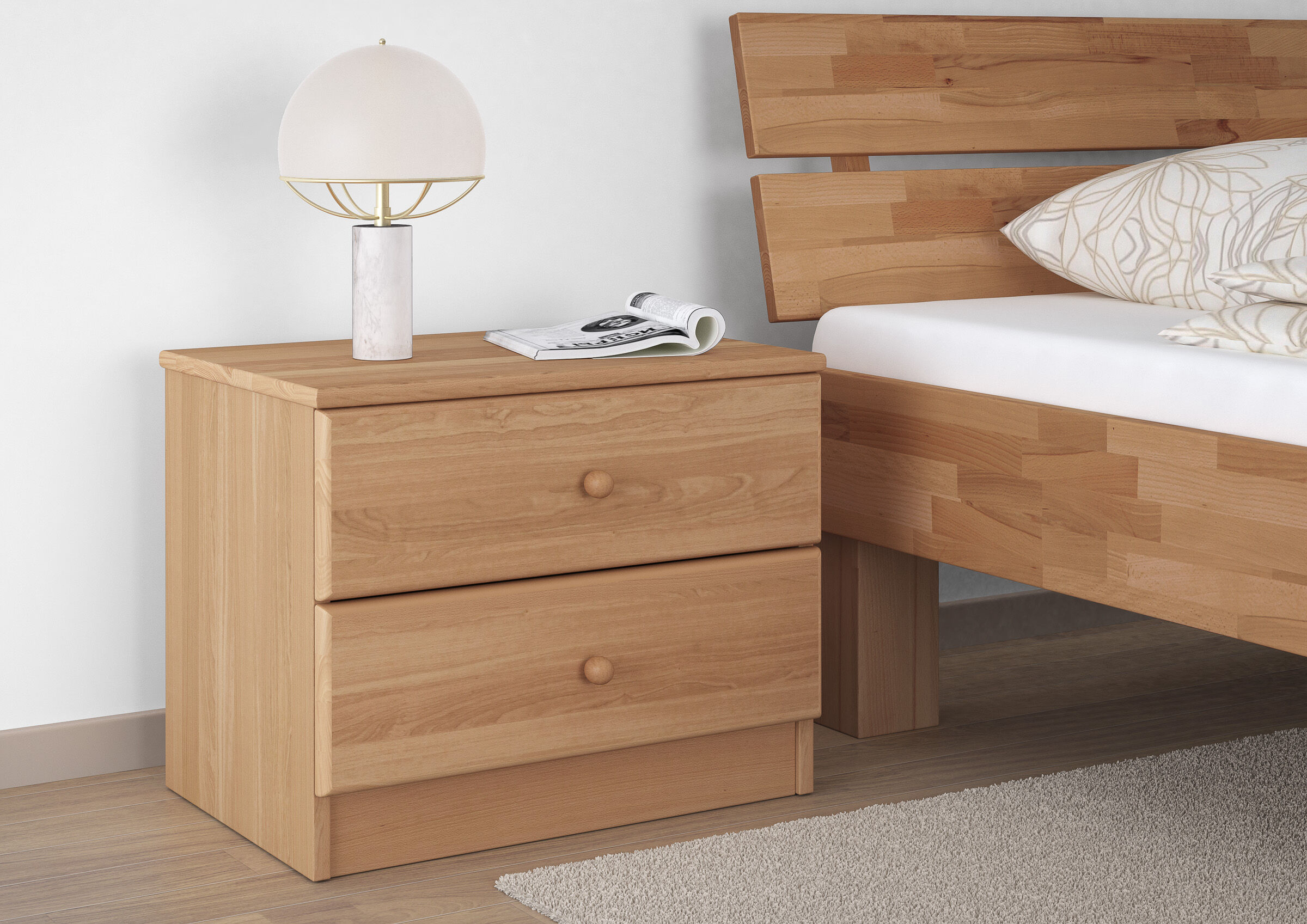 Nachttisch, Schubladen, Holz, Naturholz, Lampe, Nachttisch aus Buche in Schlafzimmer
