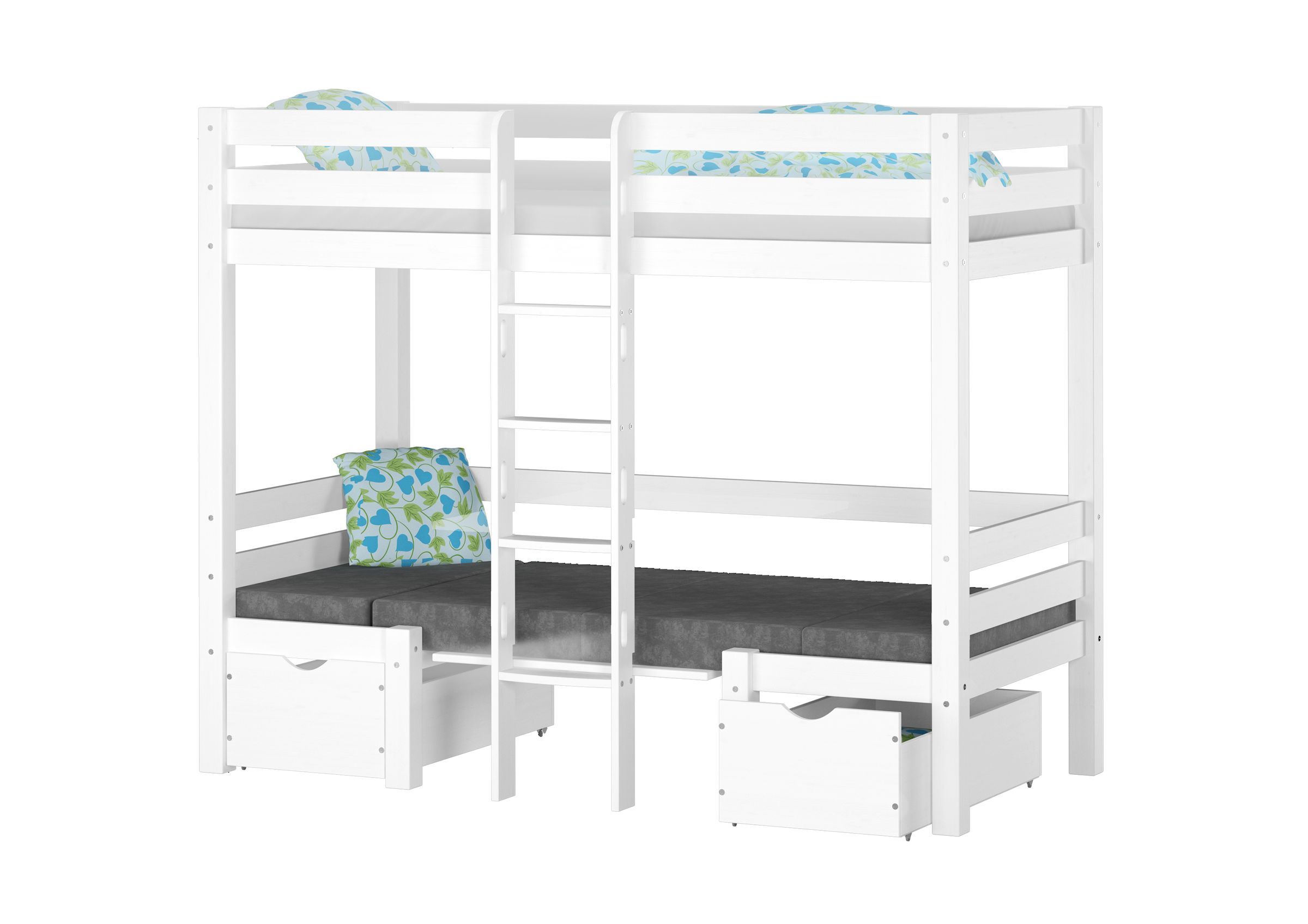 Etagenbett, Weißes Holz, Etagenbett mit Leiter, Unterbett-Schublade, Matratze/Lattenrost, Kinderhochbett mit Schlafplatz und Stauräumen