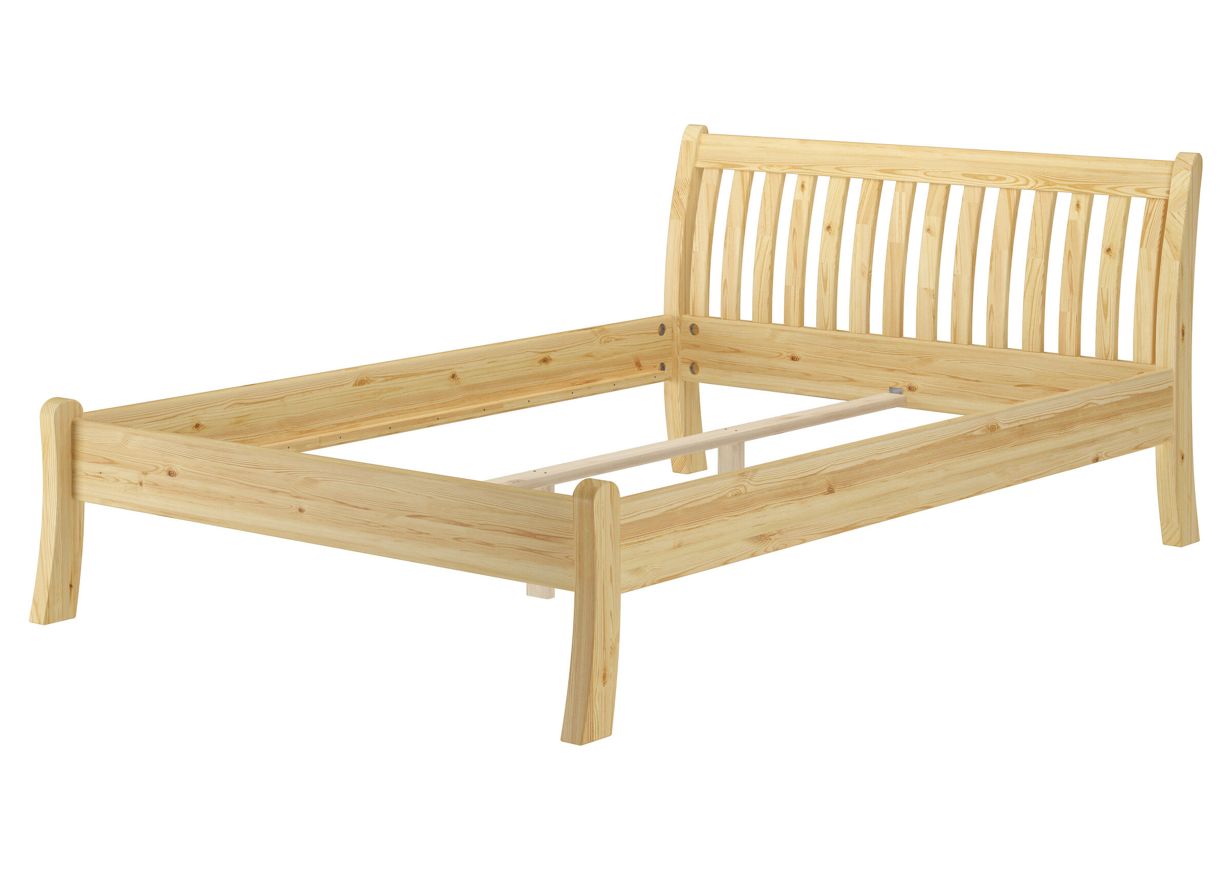 Holzbett, Rahmen, Kopfteil mit Stäben, Kiefernholz, Einzelbett, Bettrahmen Kiefer natur mit Mittelsteg