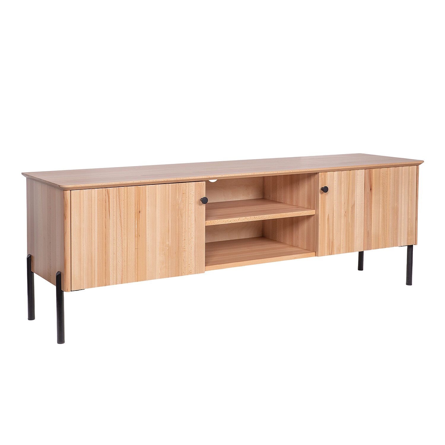 lowboard, Medienkonsole, Holzschrank, Aufbewahrungsschrank, schwarze Beine, Wohnzimmerschrank aus Kernbuche 158 x 41 x 54