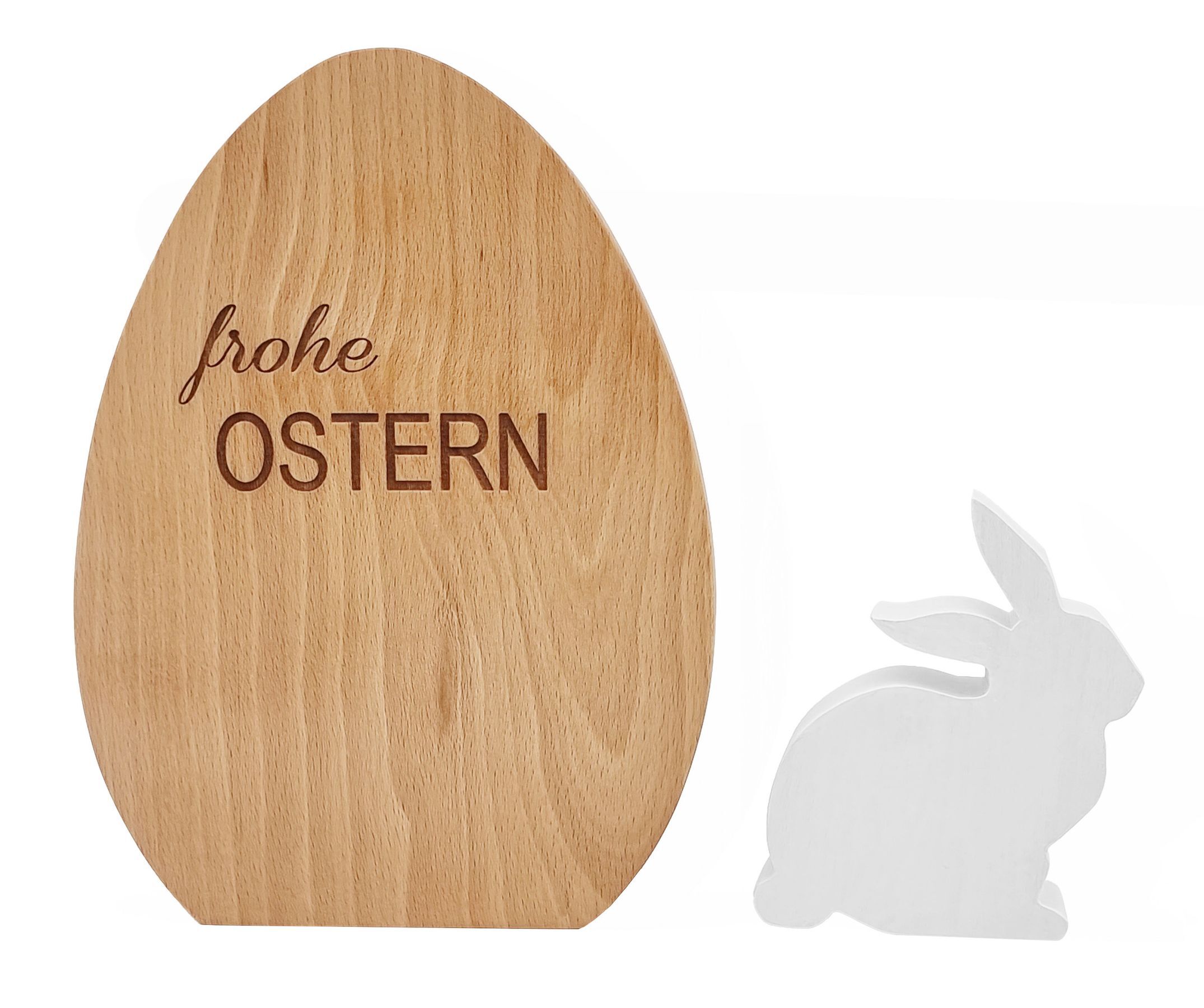 ostern, holz, deko, hase, holzschild, Osterei mit Überschrift mit weißem Hasen im Detail