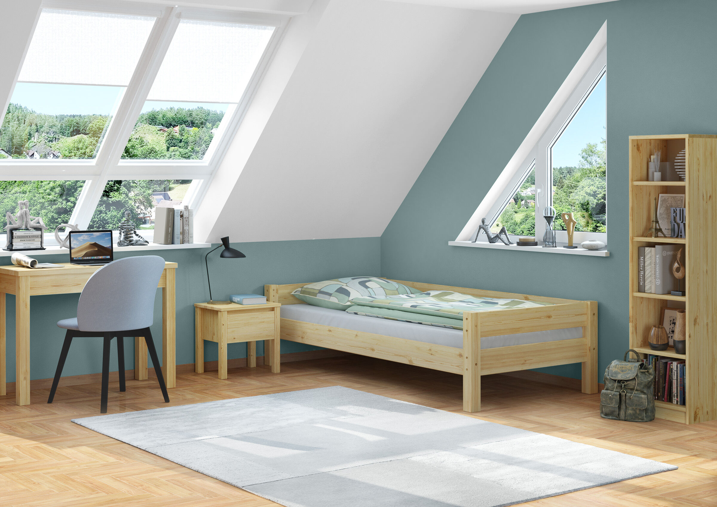 Kindezimmer, Pinewood Bettgestell, Holzbettenrahmen, Schreibtisch, Arbeitszimmer, Zimmerbild Jugendzimmer Kiefer natur