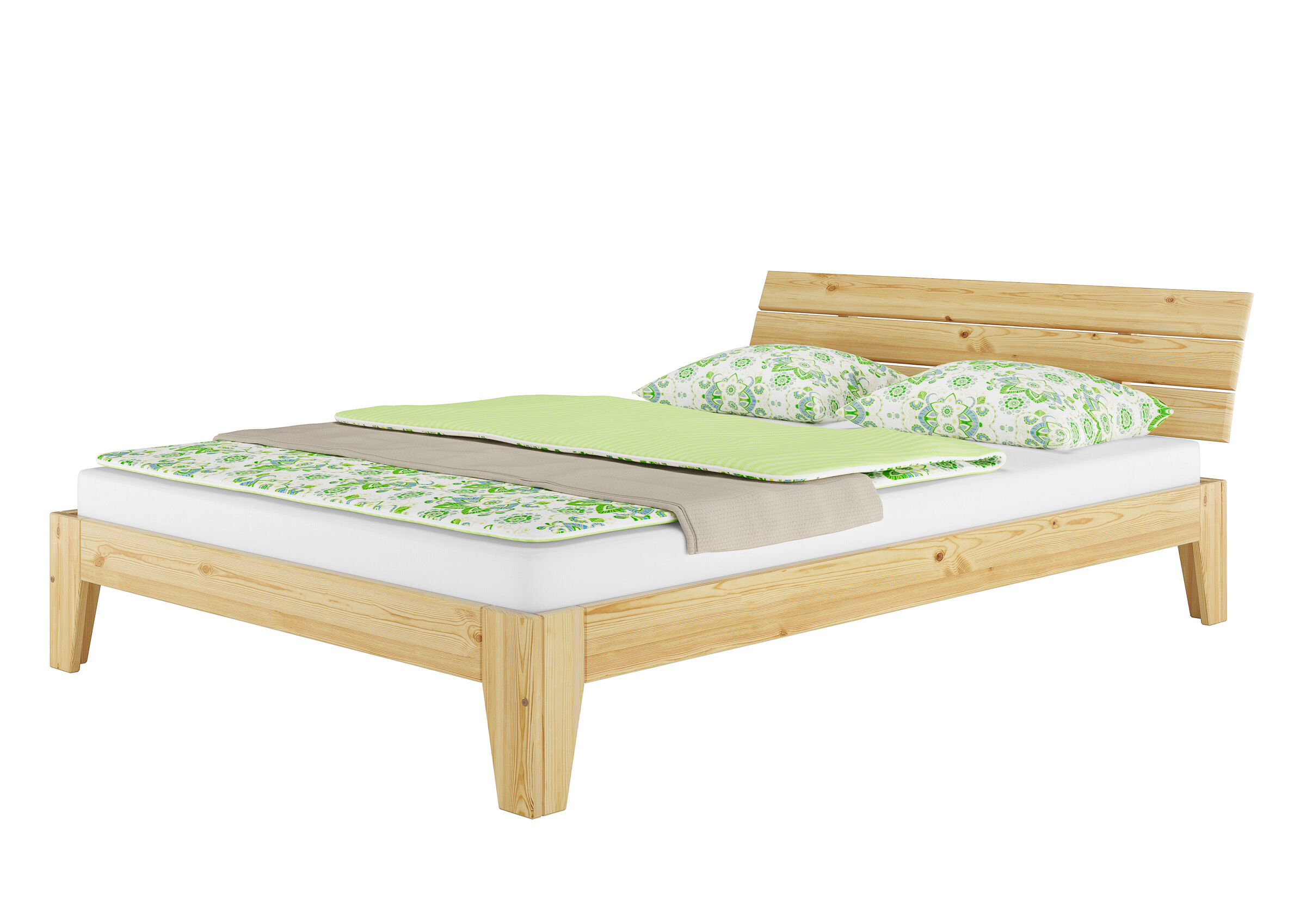 bett, Holzbett, Liege, Bettgestell, grüne Bettwäsche, Futonbett Kiefer natur mit Matratze