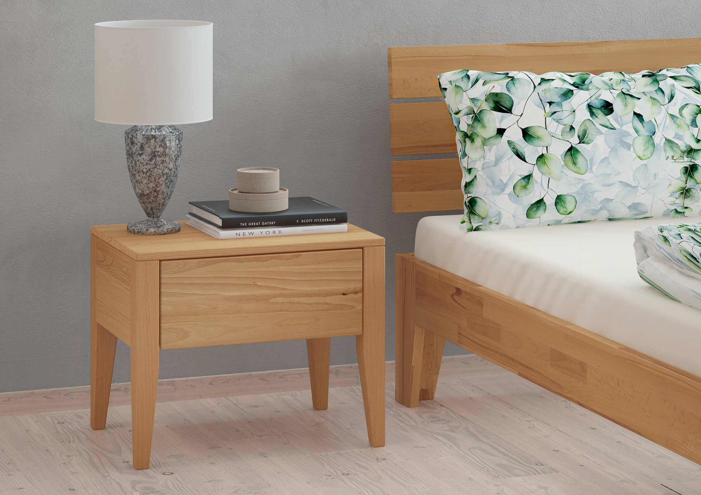 Nachttisch, Beistelltisch, Holz, Lampe, Kissen, Schlichter Buchenachttisch