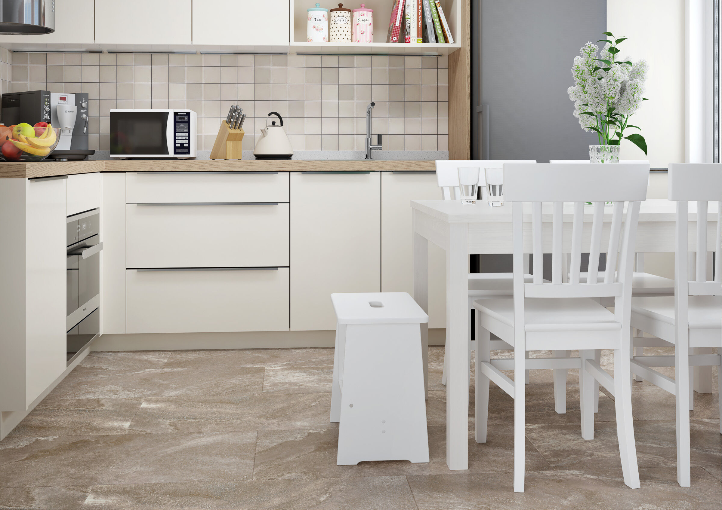 küche, kücheninfrastruktur, küchenarbeitsplatte, stühle, tisch, Eleganter Holzhocker in der Küche