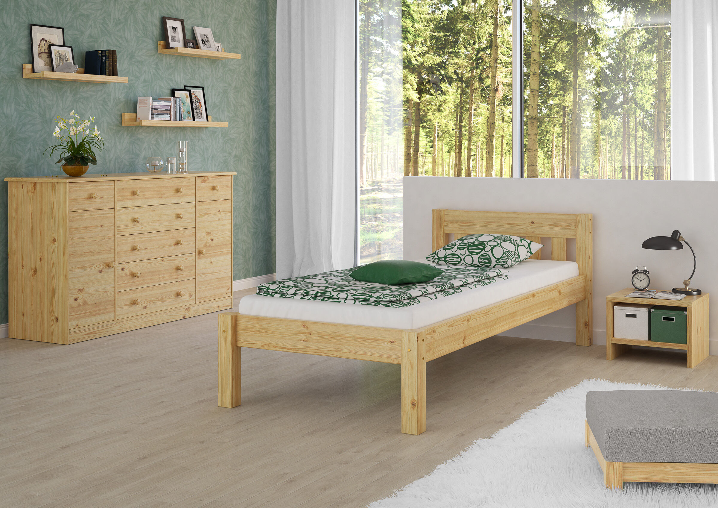 holzbetten, bettgestell, nachttisch, umgebung, grünes musterzimmer, Schlafzimmer mit Einzelbett Kiefer natur