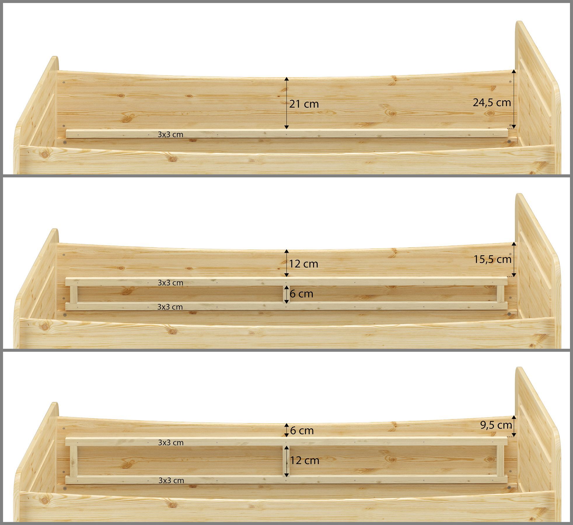 Holztruhenbett, Kinderbett, Holzbett, Holz, Aufbewahrungslade, Variable Einlegetiefe des Seniorenbettes im Detail